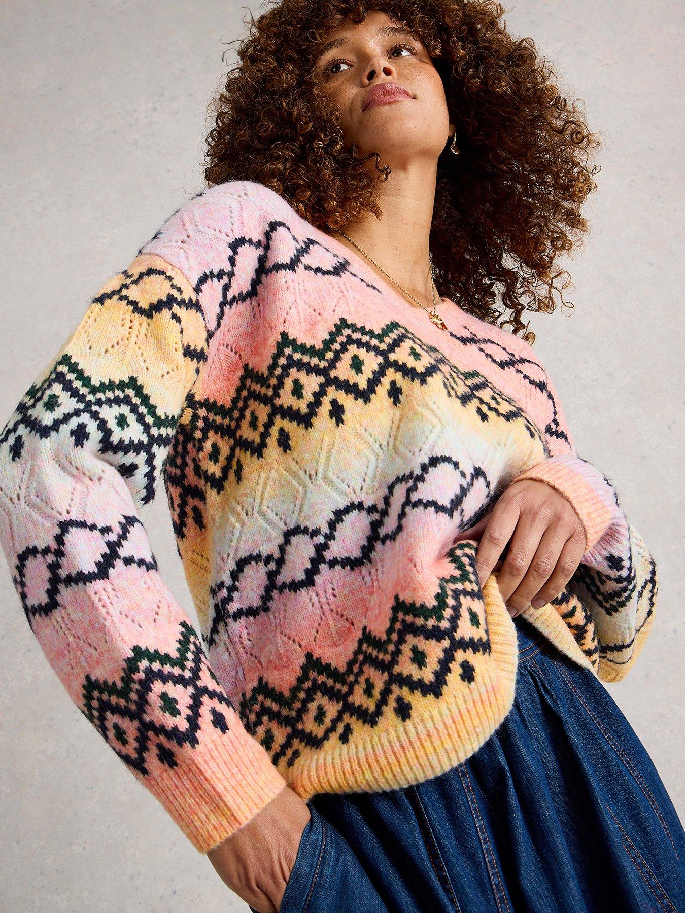 White Stuff Spacedye Pointelle Fairisle Jumper - Pink