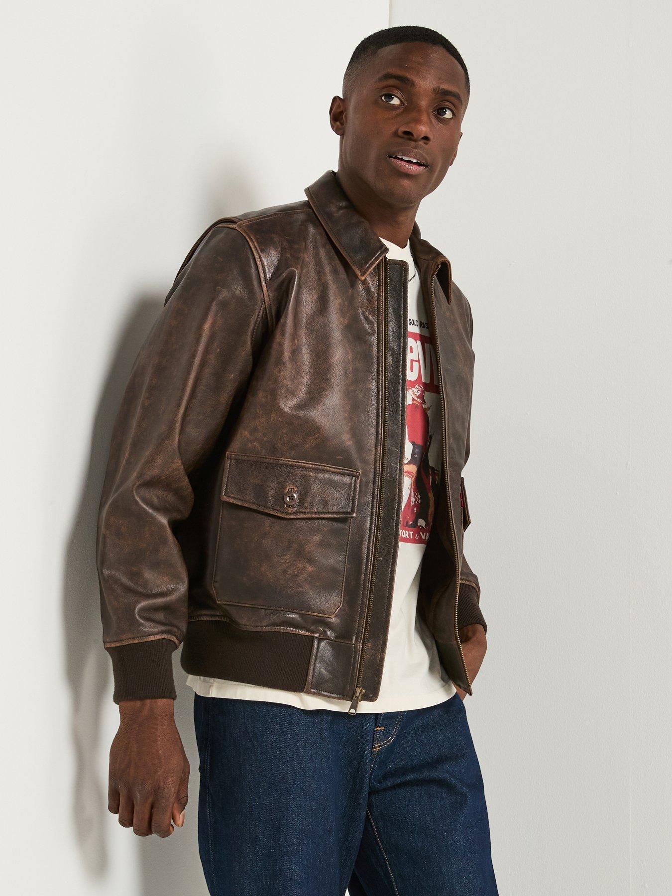 Image 1 of 6 of Levi's Clayton Cuffed Leather Aviator Jacket - Brown