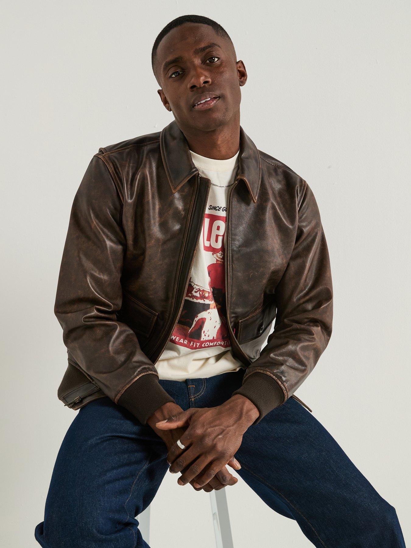 Image 5 of 6 of Levi's Clayton Cuffed Leather Aviator Jacket - Brown
