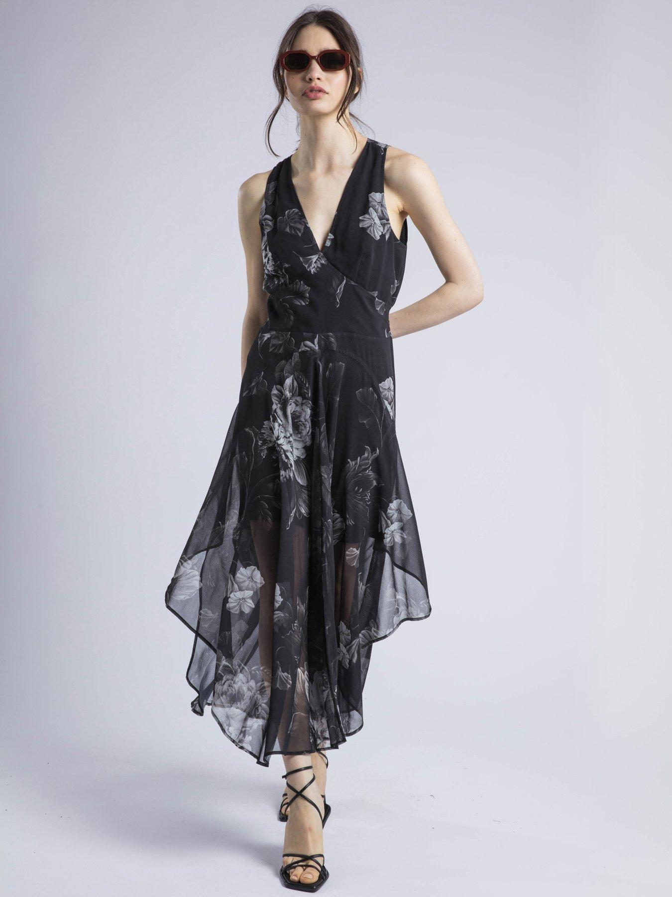 Religion Aida Midi Dress In Dark Floral With Handkerchief Hem - Black