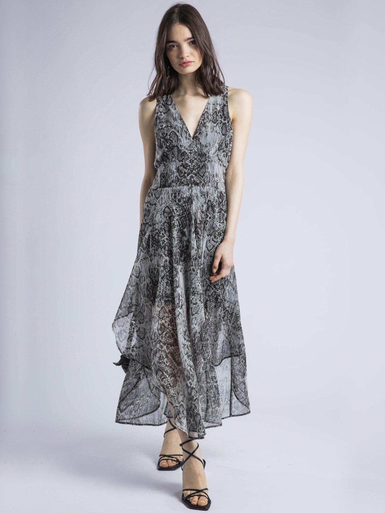 Religion Aida Midi Dress In Snake Skin Print With Handkerchief Hem - Natural