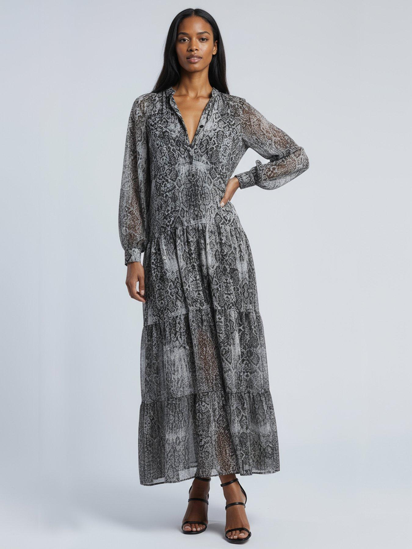 Religion Cala Tiered Boho Maxi Dress In Snake Skin Print - Natural