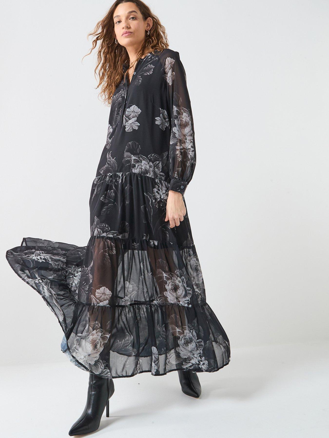 Religion Cala Tiered Boho Maxi Dress In Dark Floral Print - Black