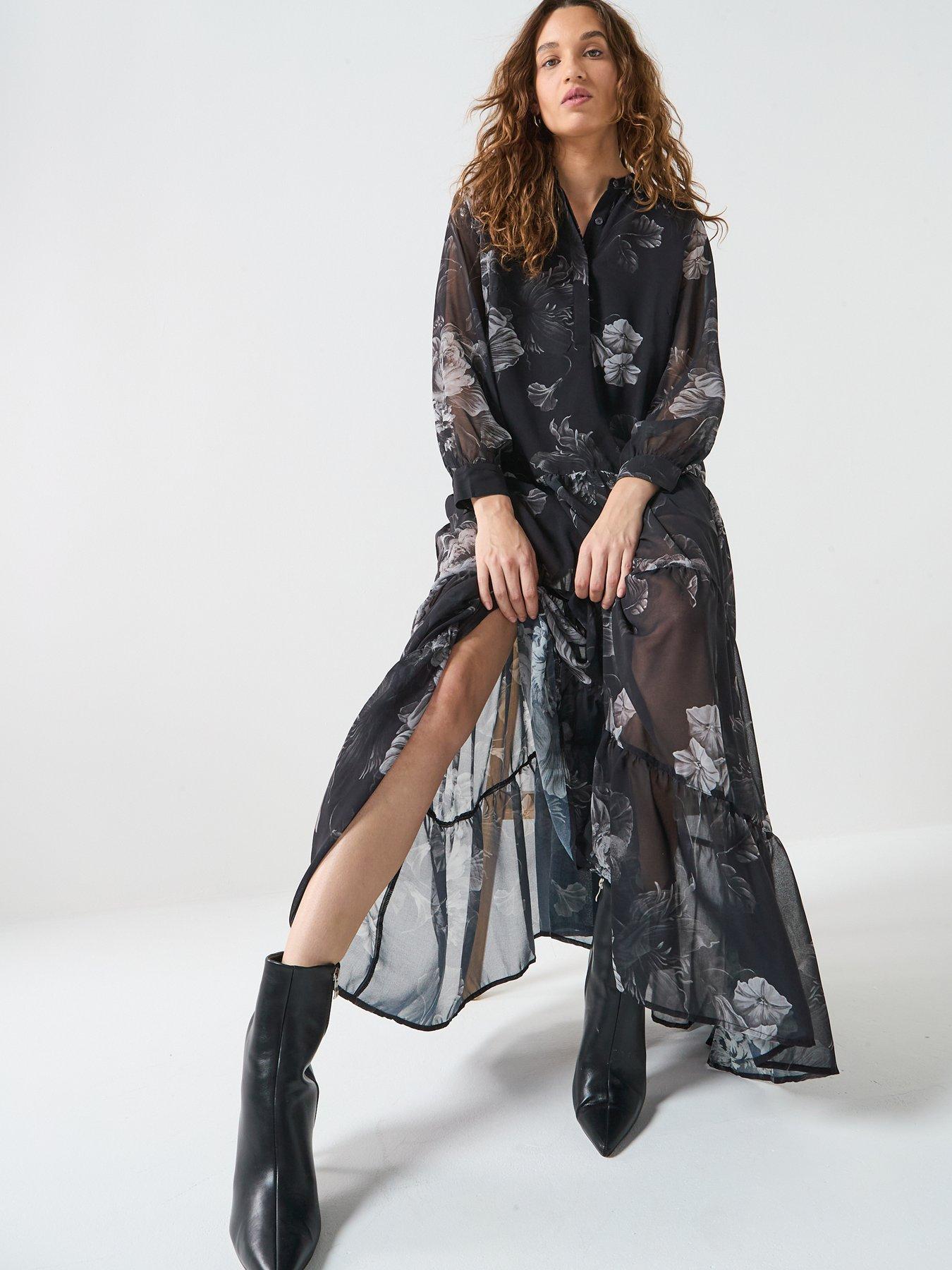 Image 6 of 6 of Religion Cala Tiered Boho Maxi Dress In Dark Floral Print - Black