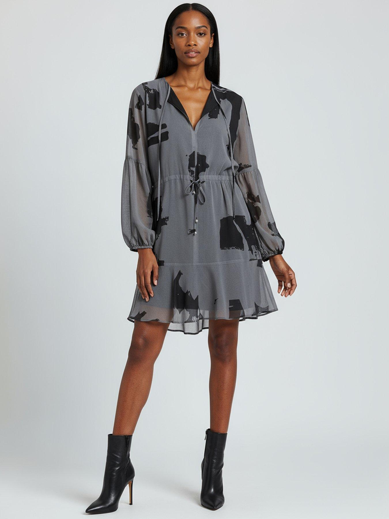 Religion Eternity Mini Dress With Neck Tie In Abstract Print - Grey