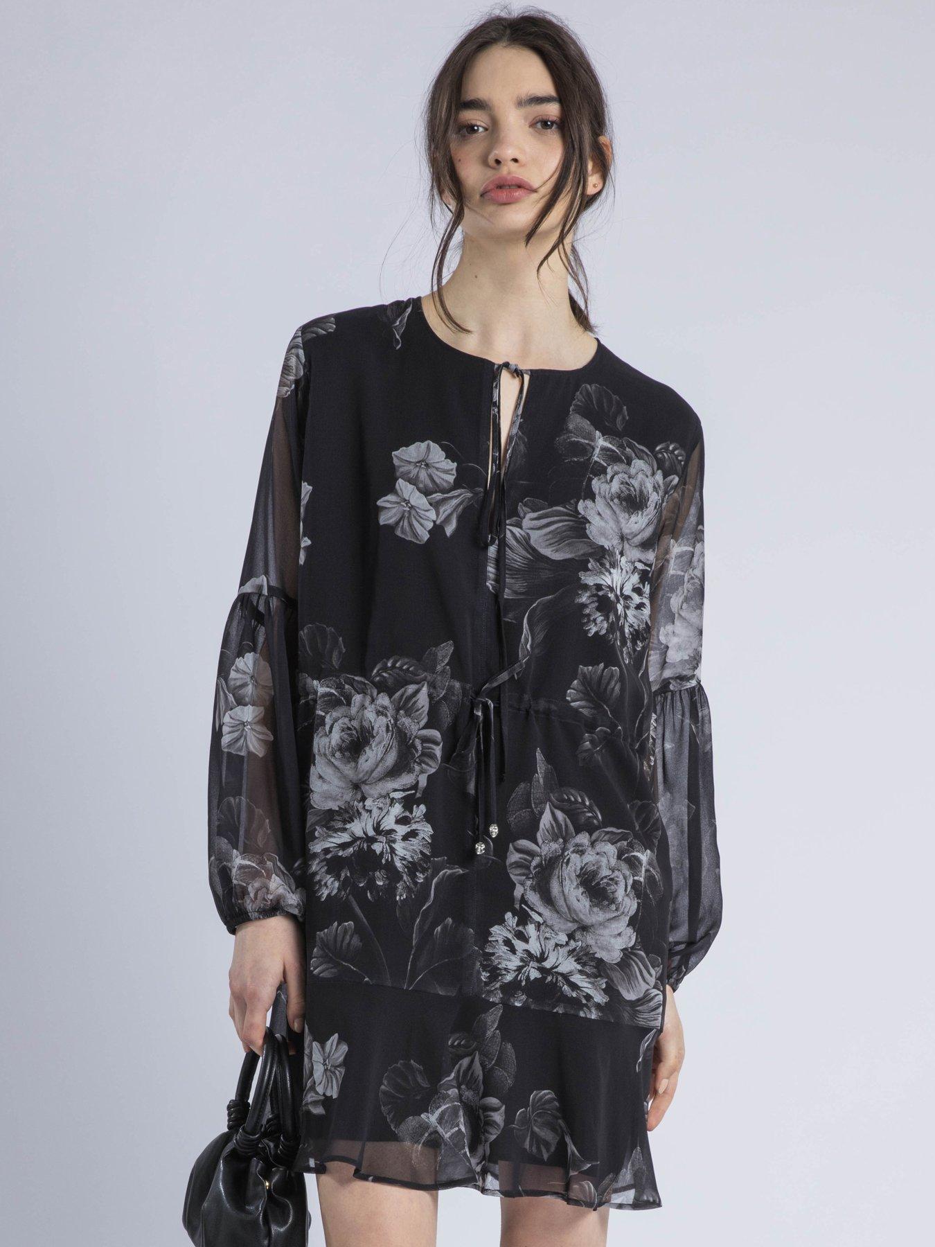 religion-eternity-mini-dress-with-neck-tie-in-floral-print-black