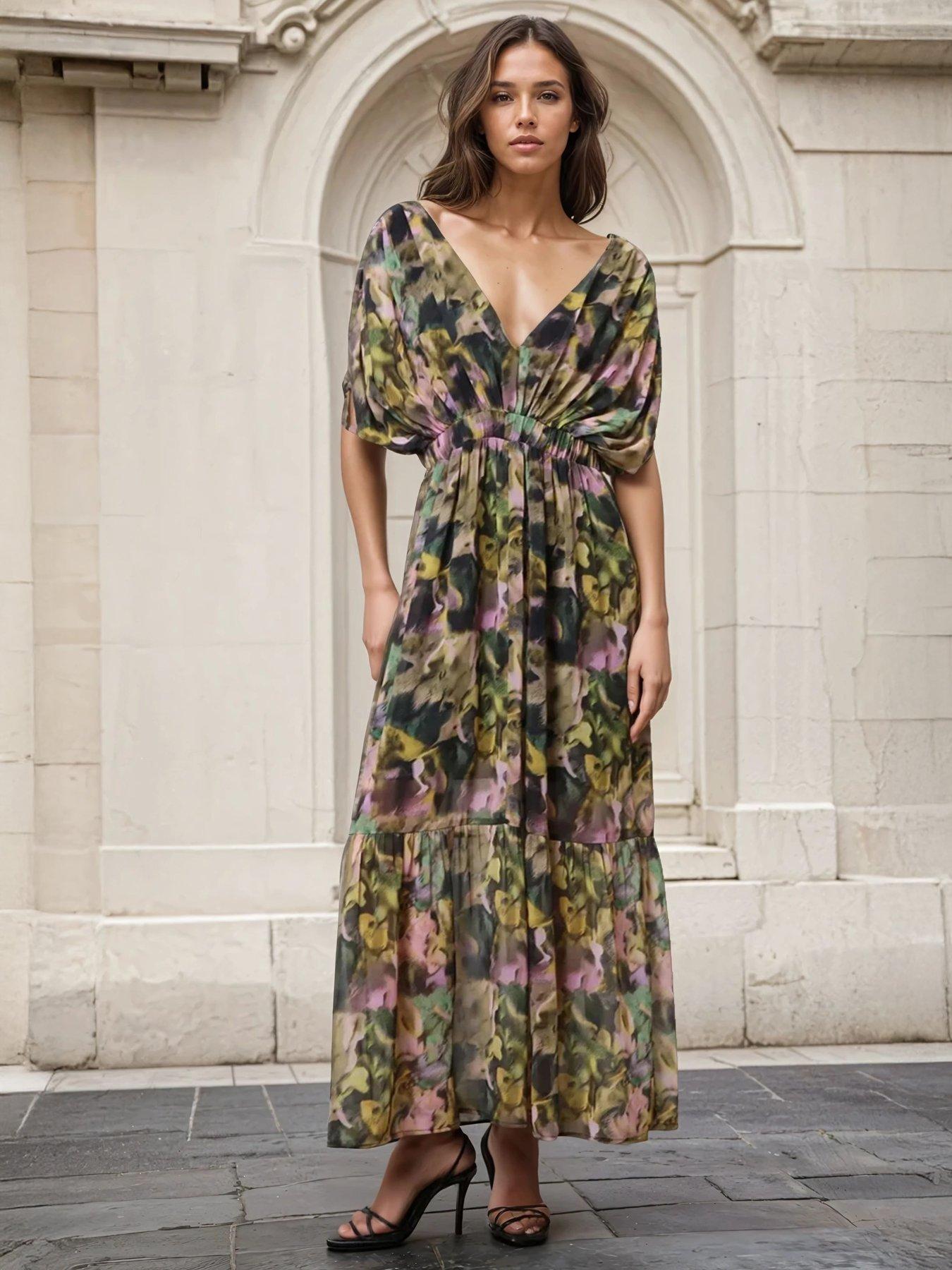 Religion Sunny Maxi Boho Dress With Tiered Skirt In Obscure Floral Print - Yellow