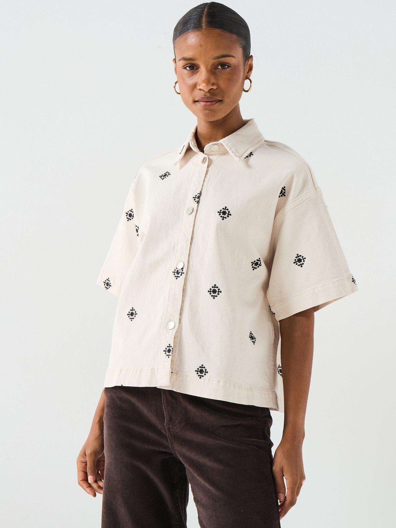 Vero Moda Short Sleeve Embroidered Denim Shirt - Cream