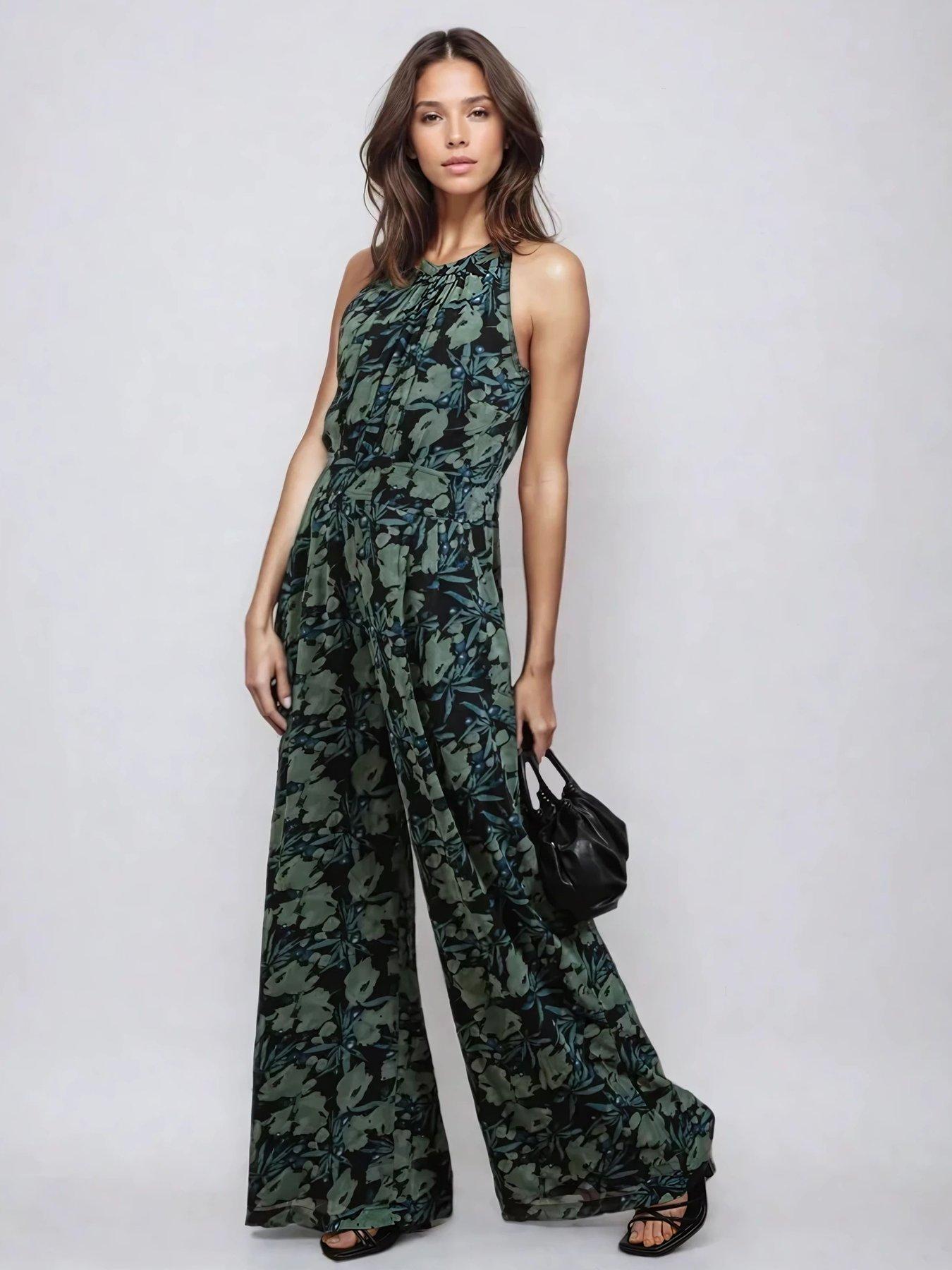 Image of Religion Crew Halterneck Jumpsuit In Green Floral - Green