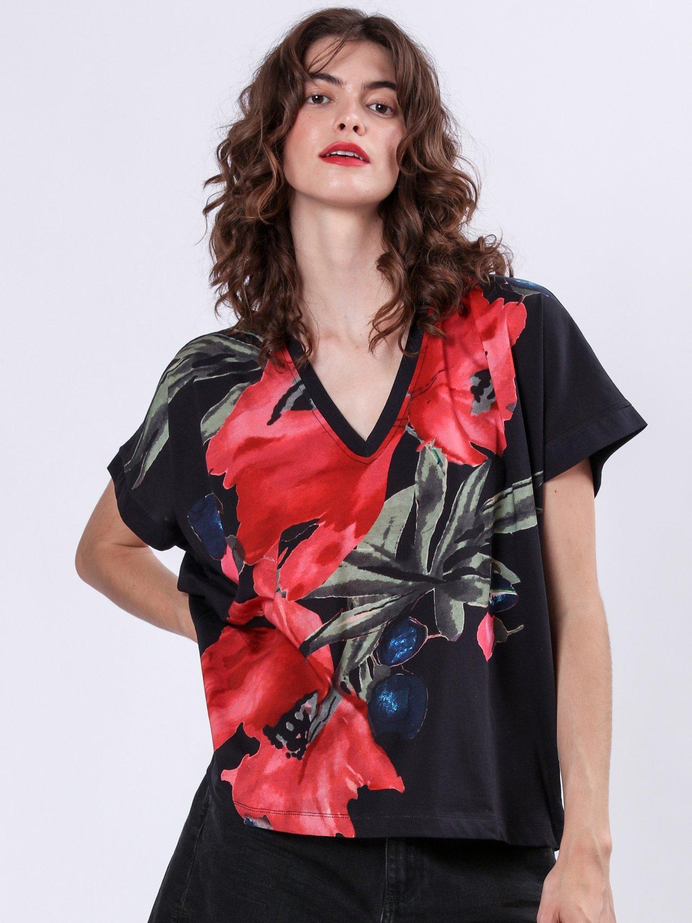 Religion Cloak Jersey Top With Pink And Red Floral Print - Black