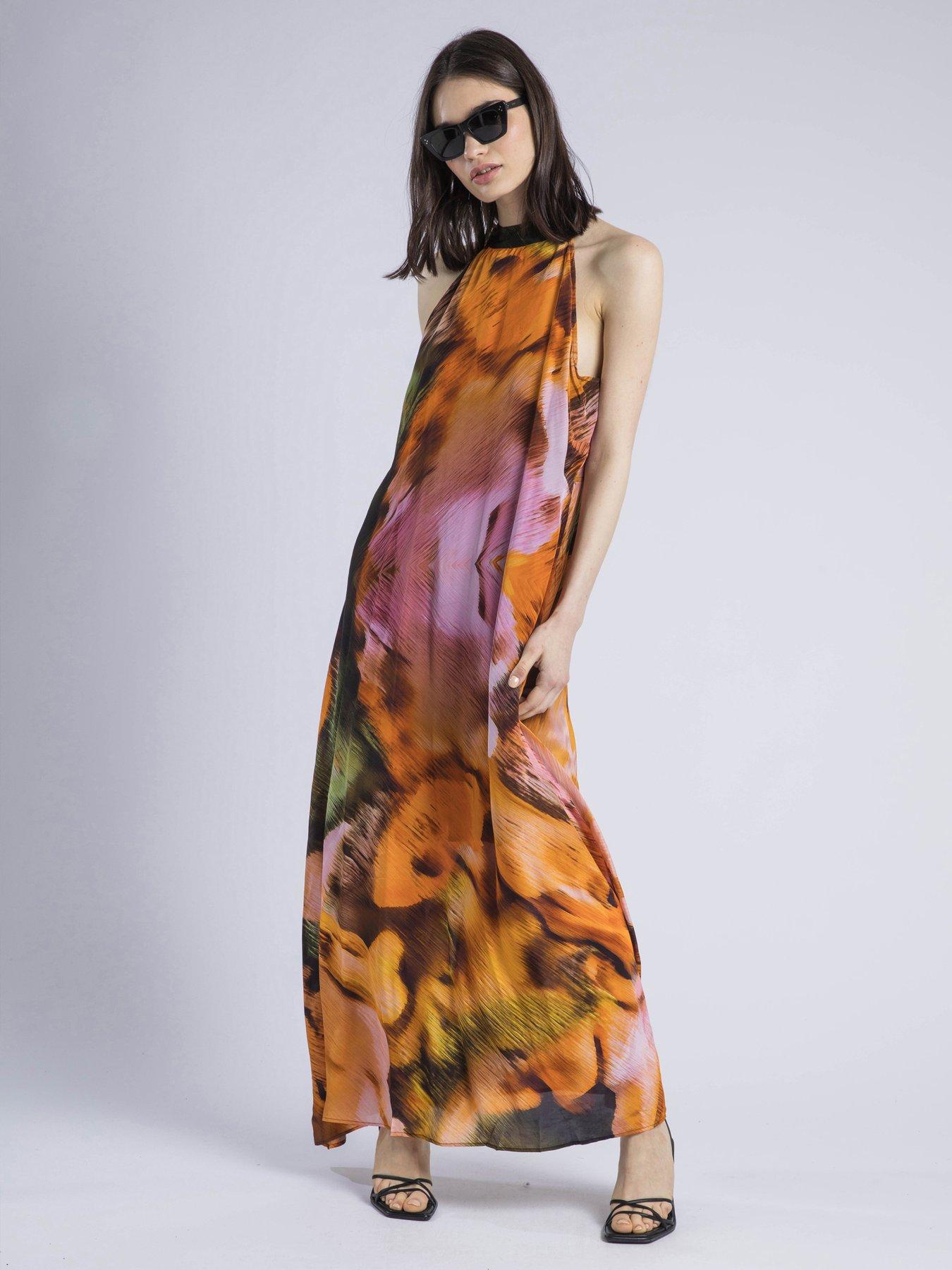 Religion Glow Halterneck Maxi Dress In Bright Abstract Print - Orange