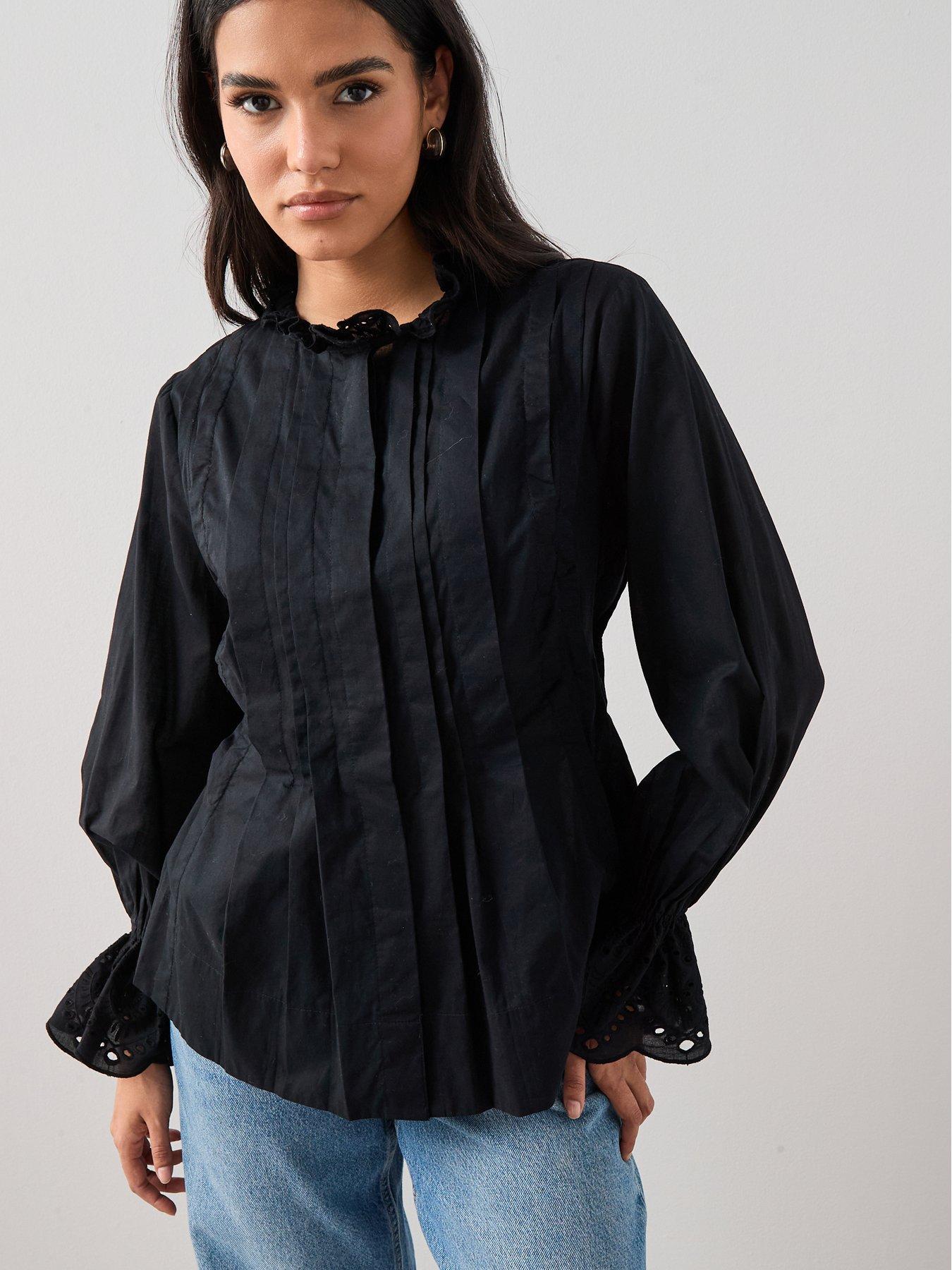 The Very Collection Broderie Pleated Blouse - Black