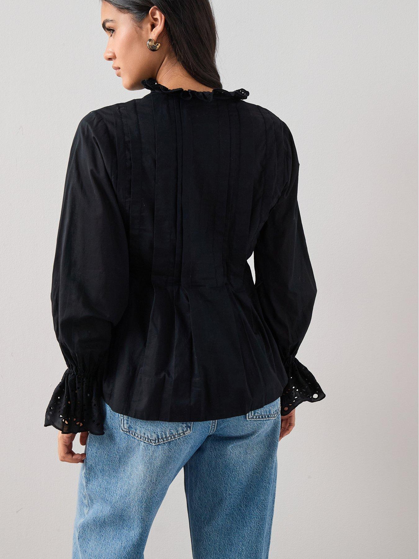 the-very-collection-broderie-pleated-blouse-blackstillFront