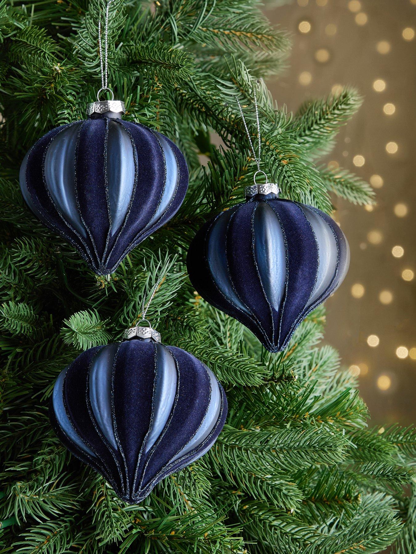 Festive Set of 3 Navy Flocked Onion Christmas Tree Baubles