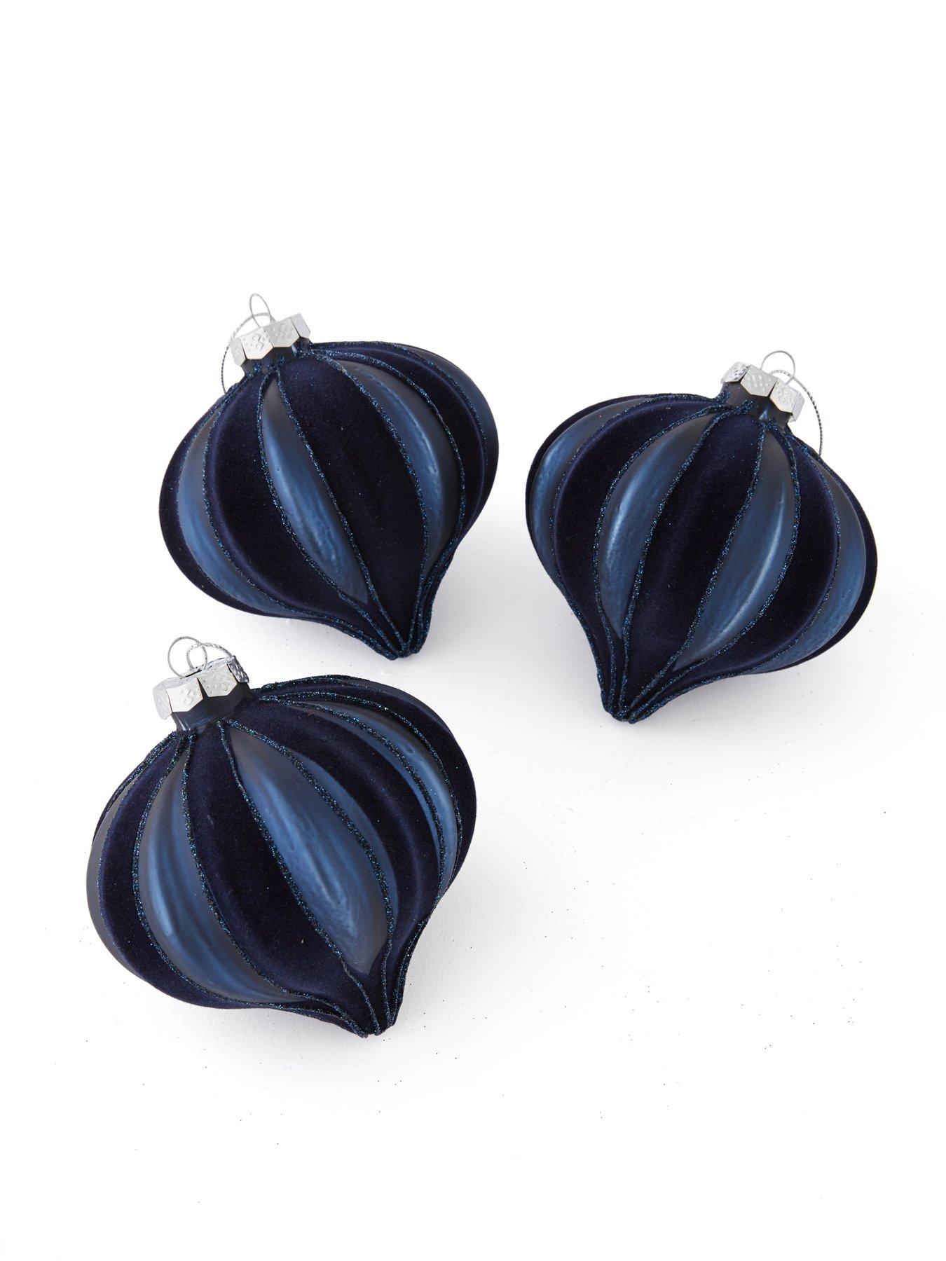 Image 2 of 4 of Festive Set of 3&nbsp;Navy Flocked Onion Christmas Tree Baubles