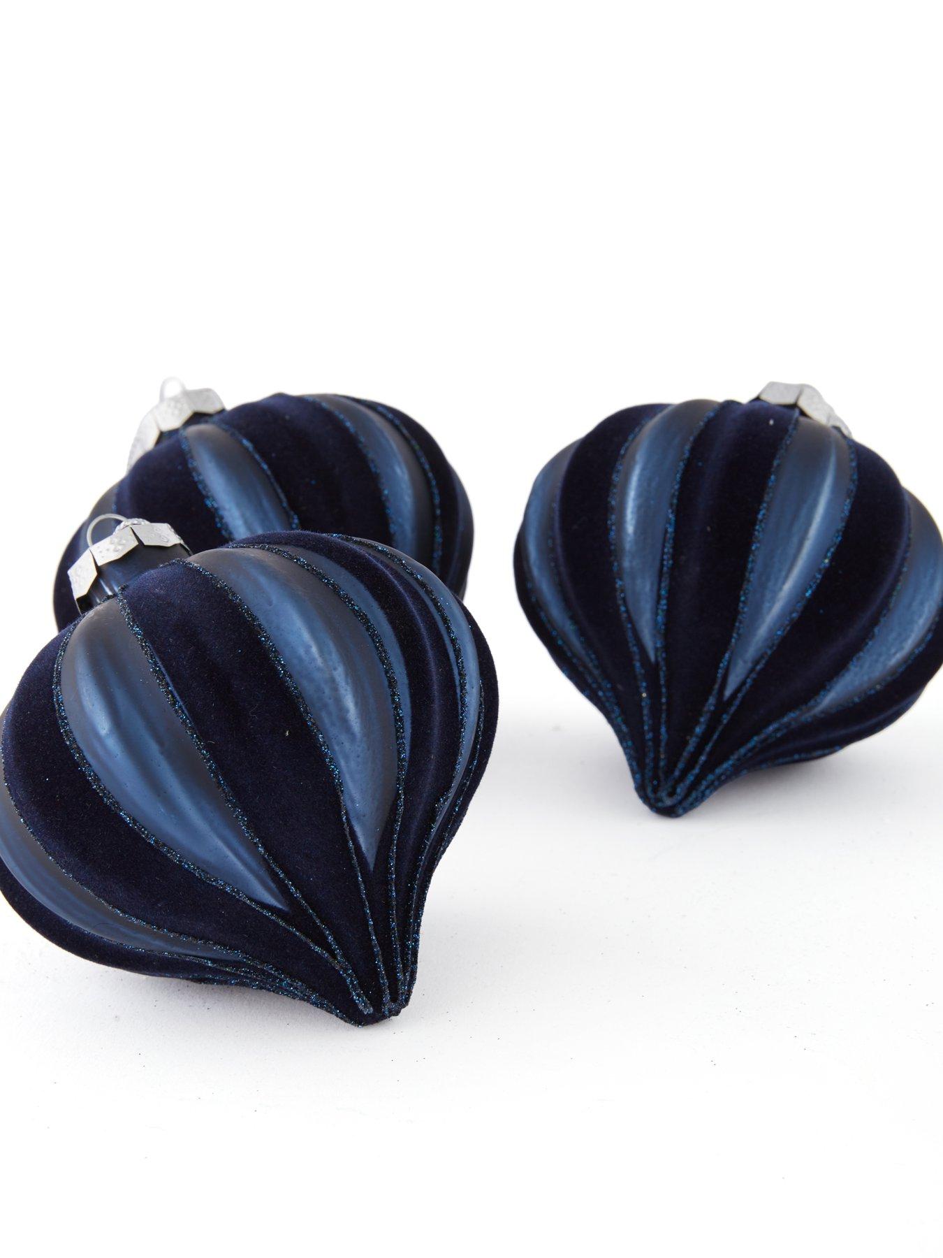 Image 3 of 4 of Festive Set of 3&nbsp;Navy Flocked Onion Christmas Tree Baubles