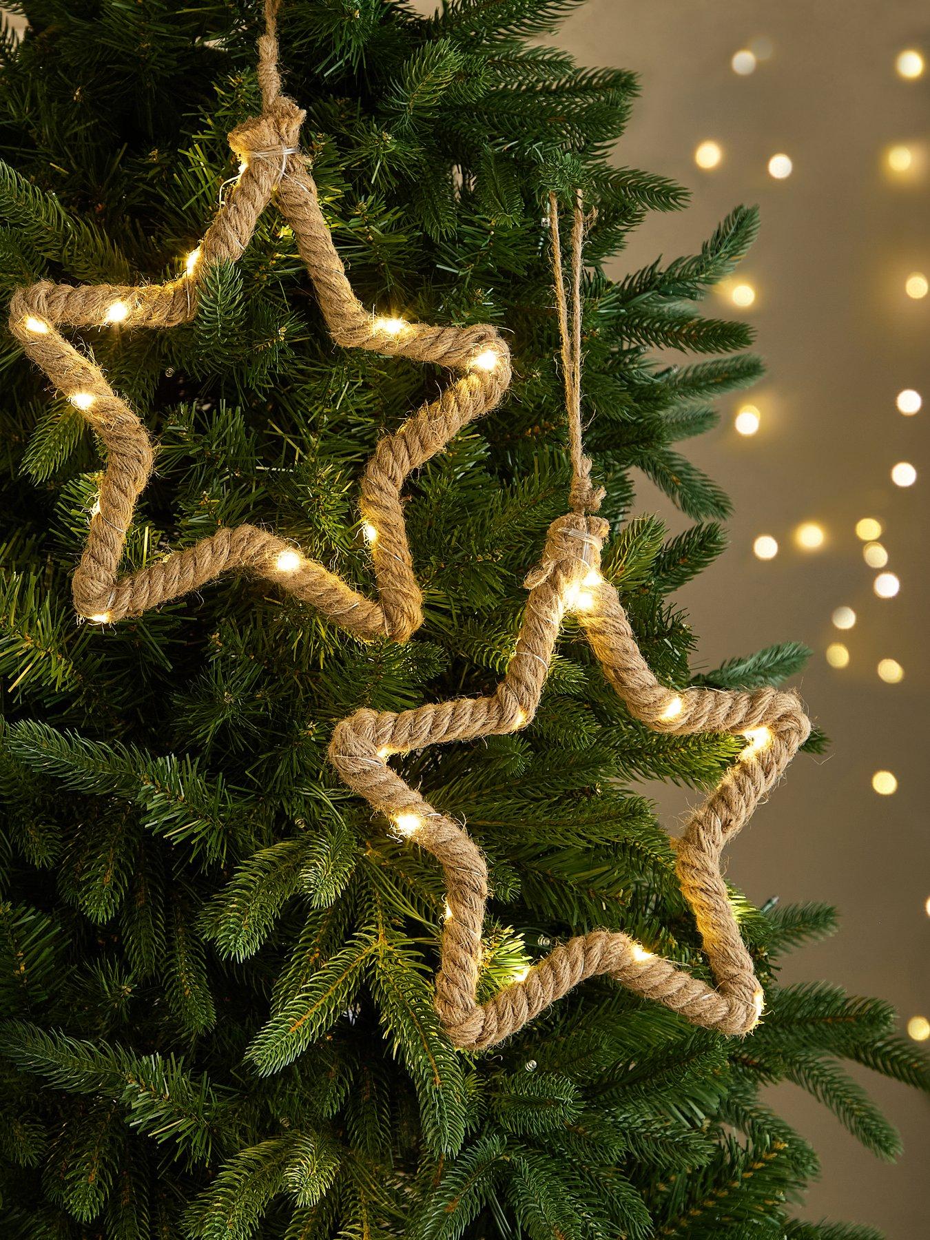 Festive 25 cm Lit Rope Star Christmas Tree Decorations - Set of 2