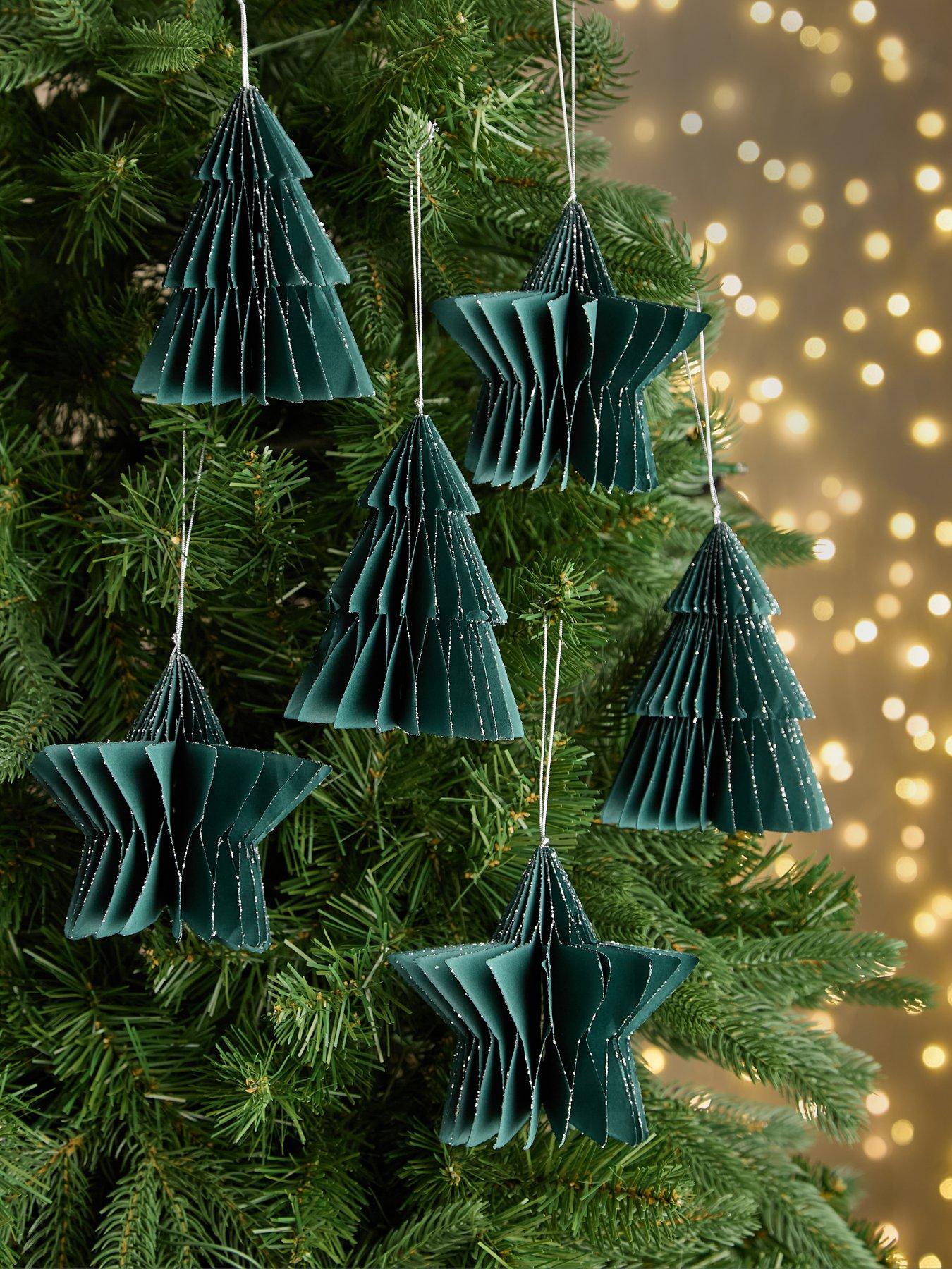 Festive Pack of 6 Hanging Foldable Paper Honeycomb Star/Tree Christmas Decorations - Green