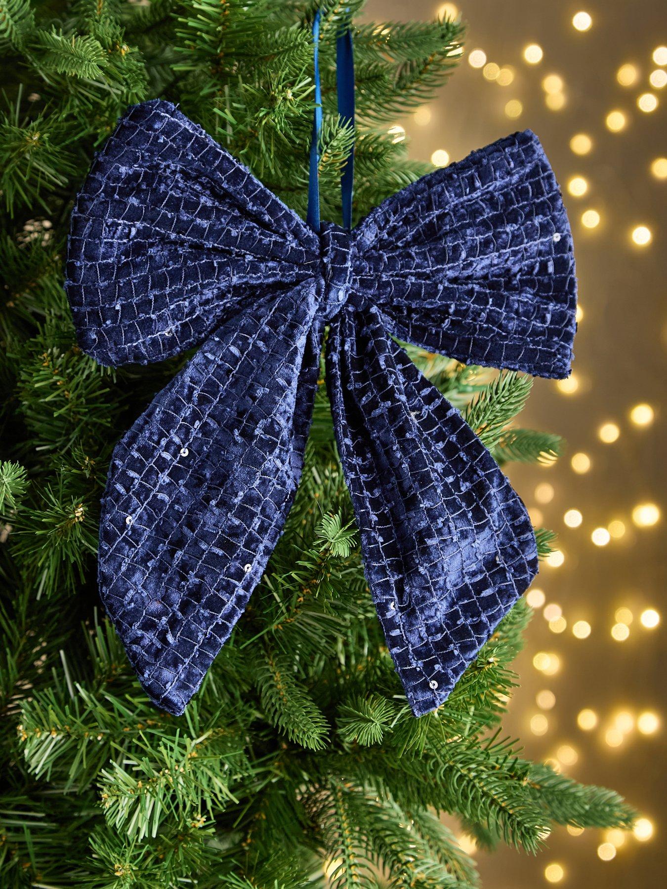 Image 1 of 3 of Festive Set of 3&nbsp;Blue Fabric Bow Christmas Tree Decorations