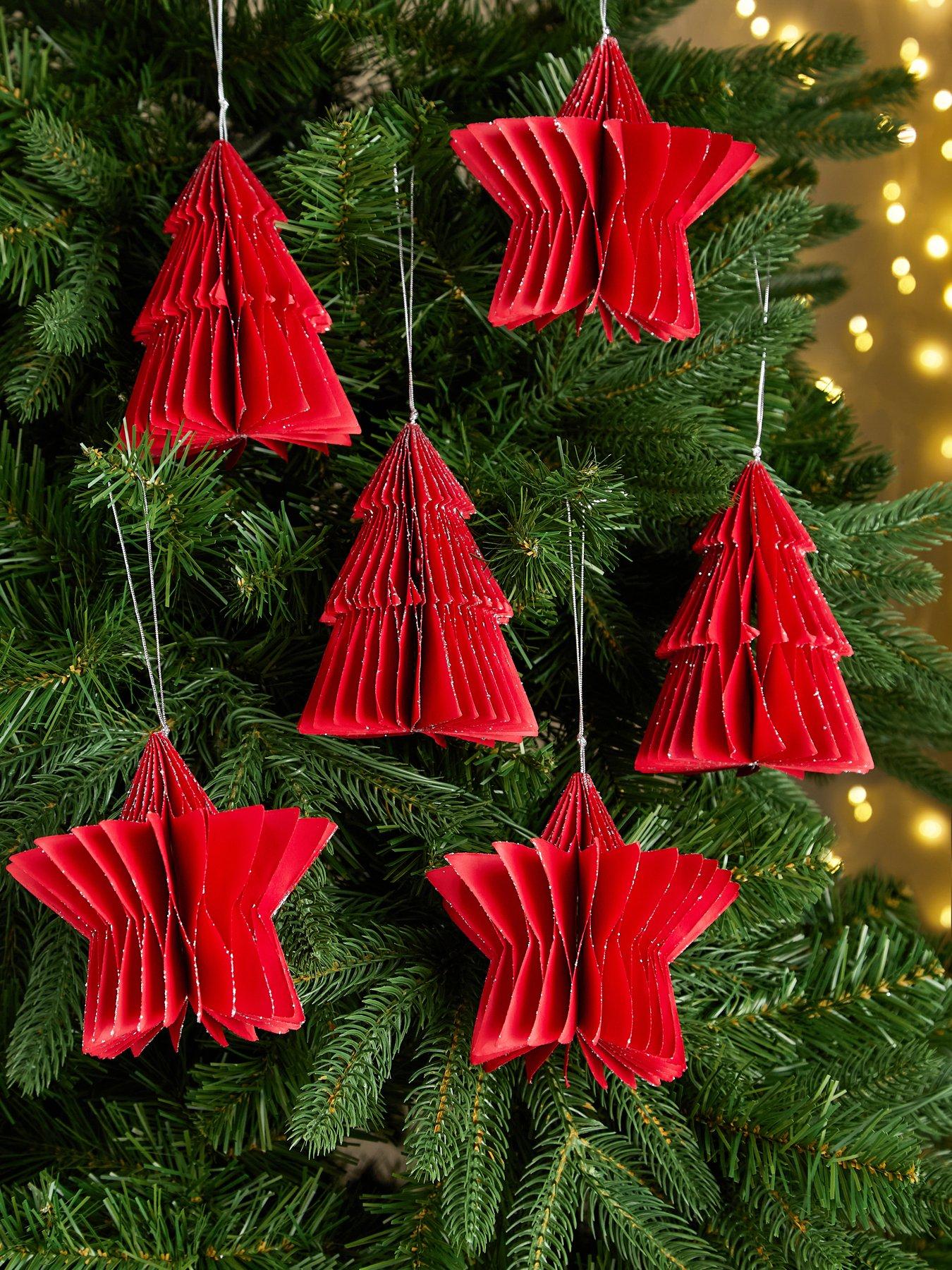 Festive 6 Pack Hanging Red Foldable Paper Star/Tree Christmas Hanging Decorations