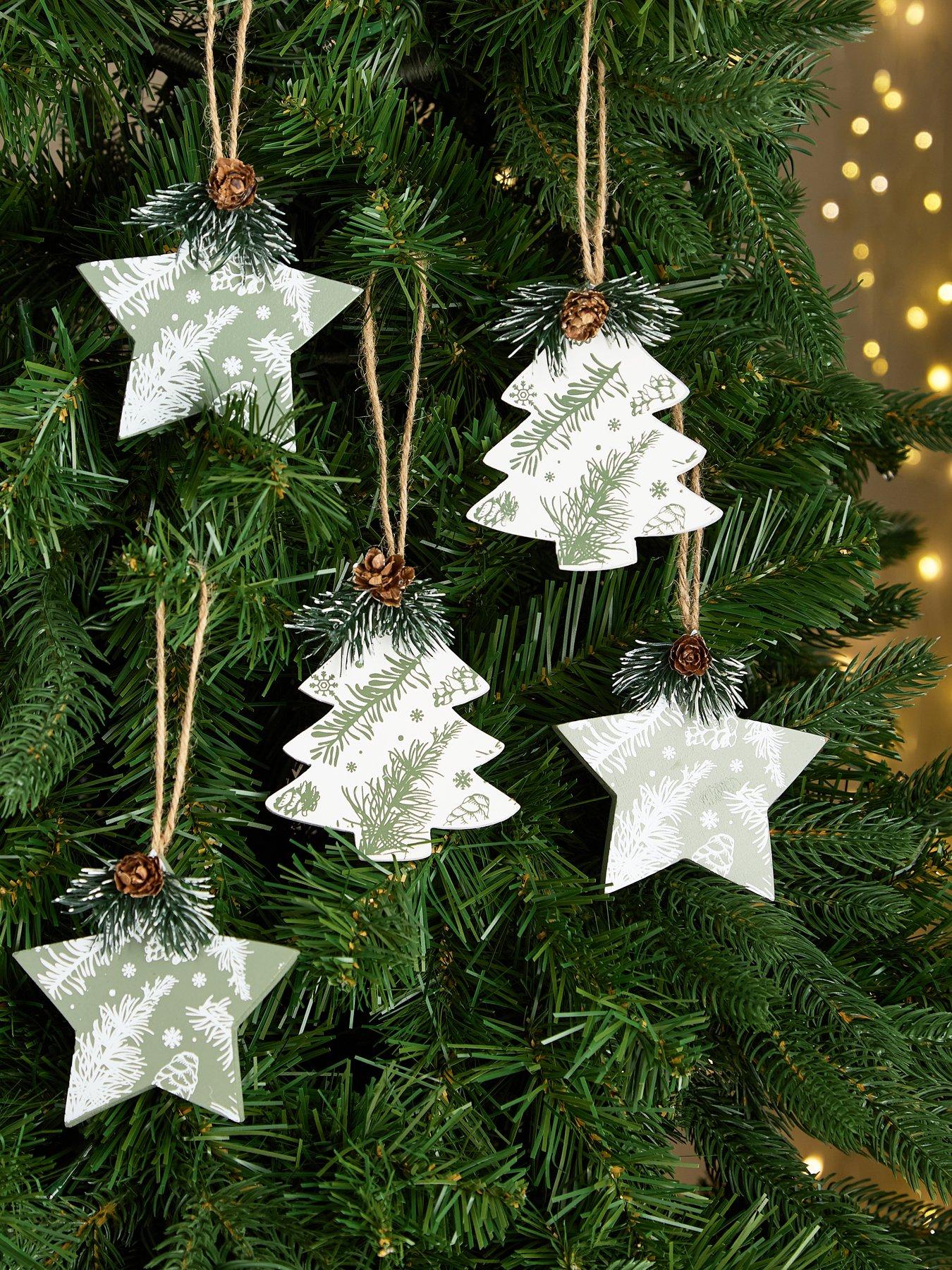 Festive Set of 12 Wooden Star and Tree Shaped Hanging Christmas Decorations