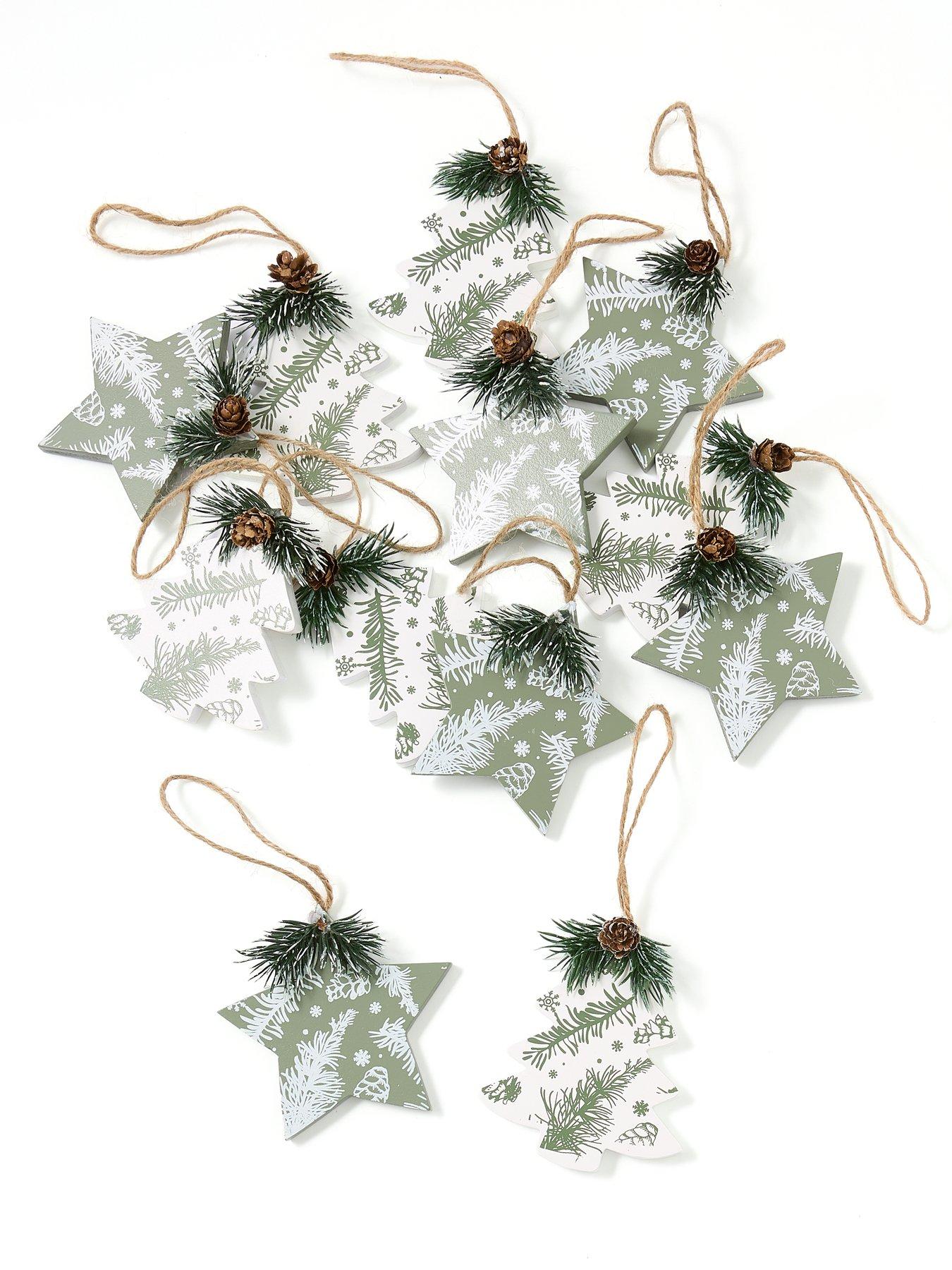 Image 2 of 3 of Festive Set of&nbsp;12 Wooden Star and&nbsp;Tree Shaped Hanging&nbsp;Christmas Decorations