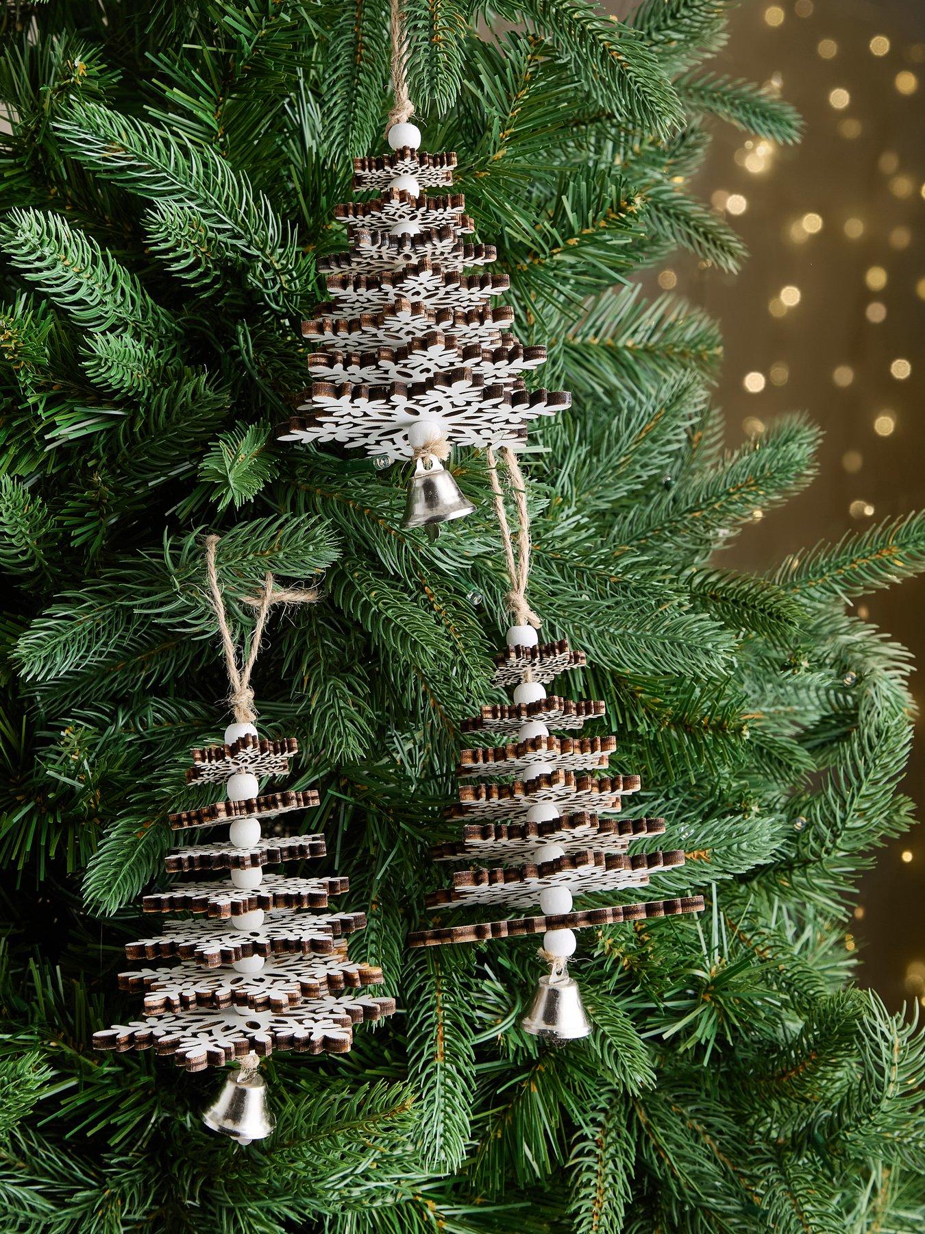 Festive Set of 3 Wooden Snowflake Christmas Tree Decorations