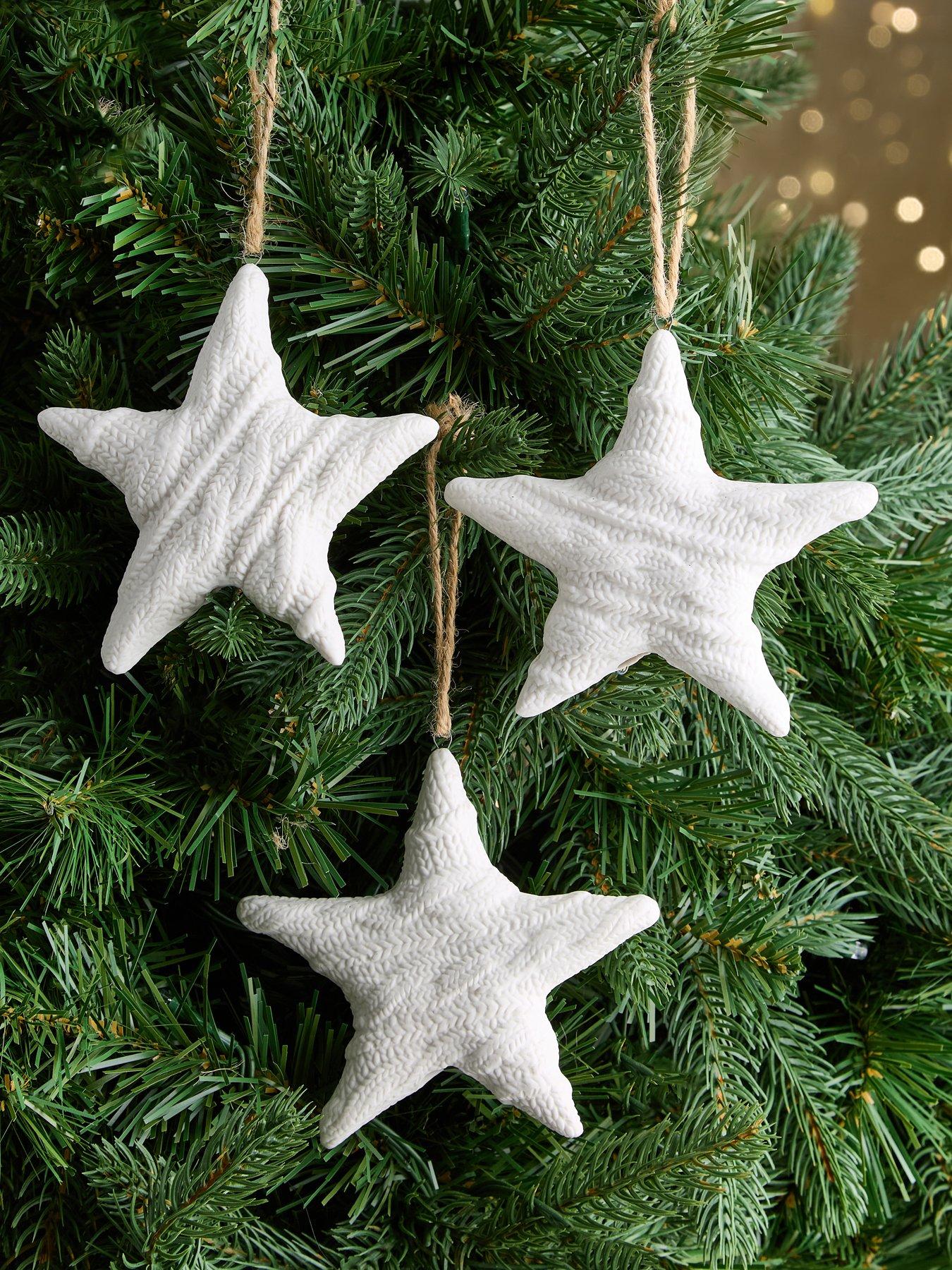 Festive Set of 3 Hanging Porcelain White Knit Star Christmas Tree Decorations
