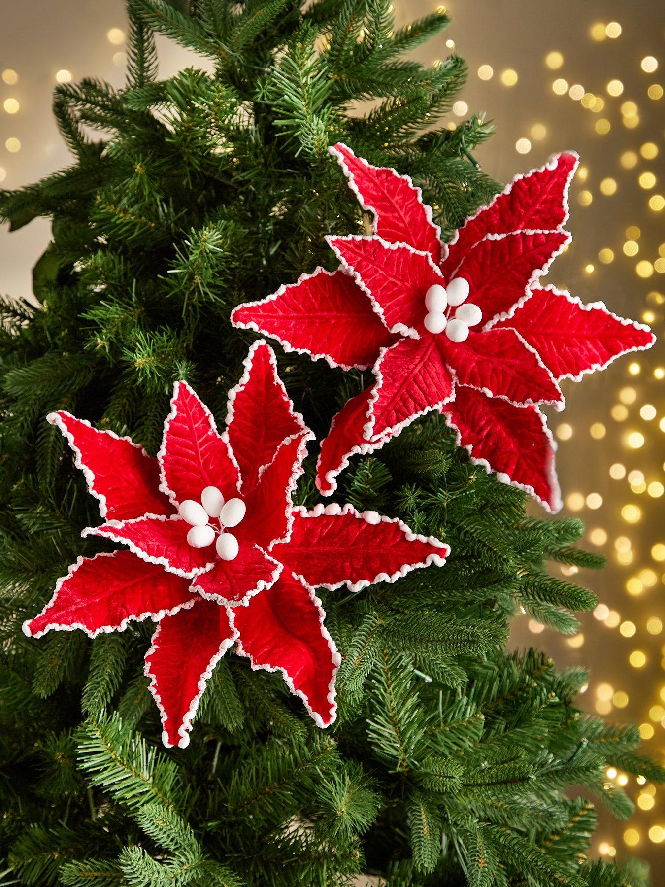 Festive Set of 4 Red Poinsettia Christmas Tree Picks