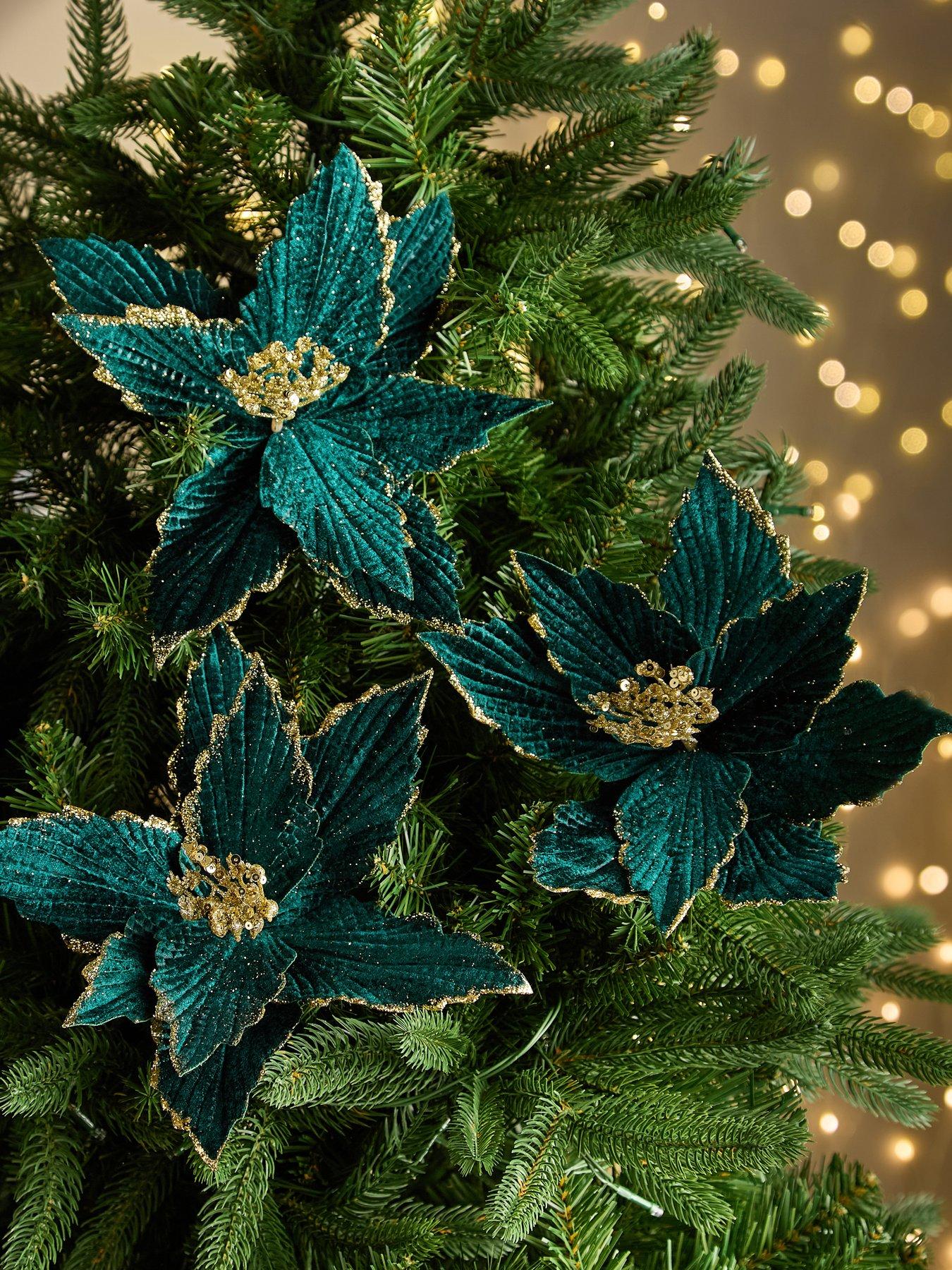 Festive Set of 4 Green Poinsettia Stem Christmas Tree Decorations