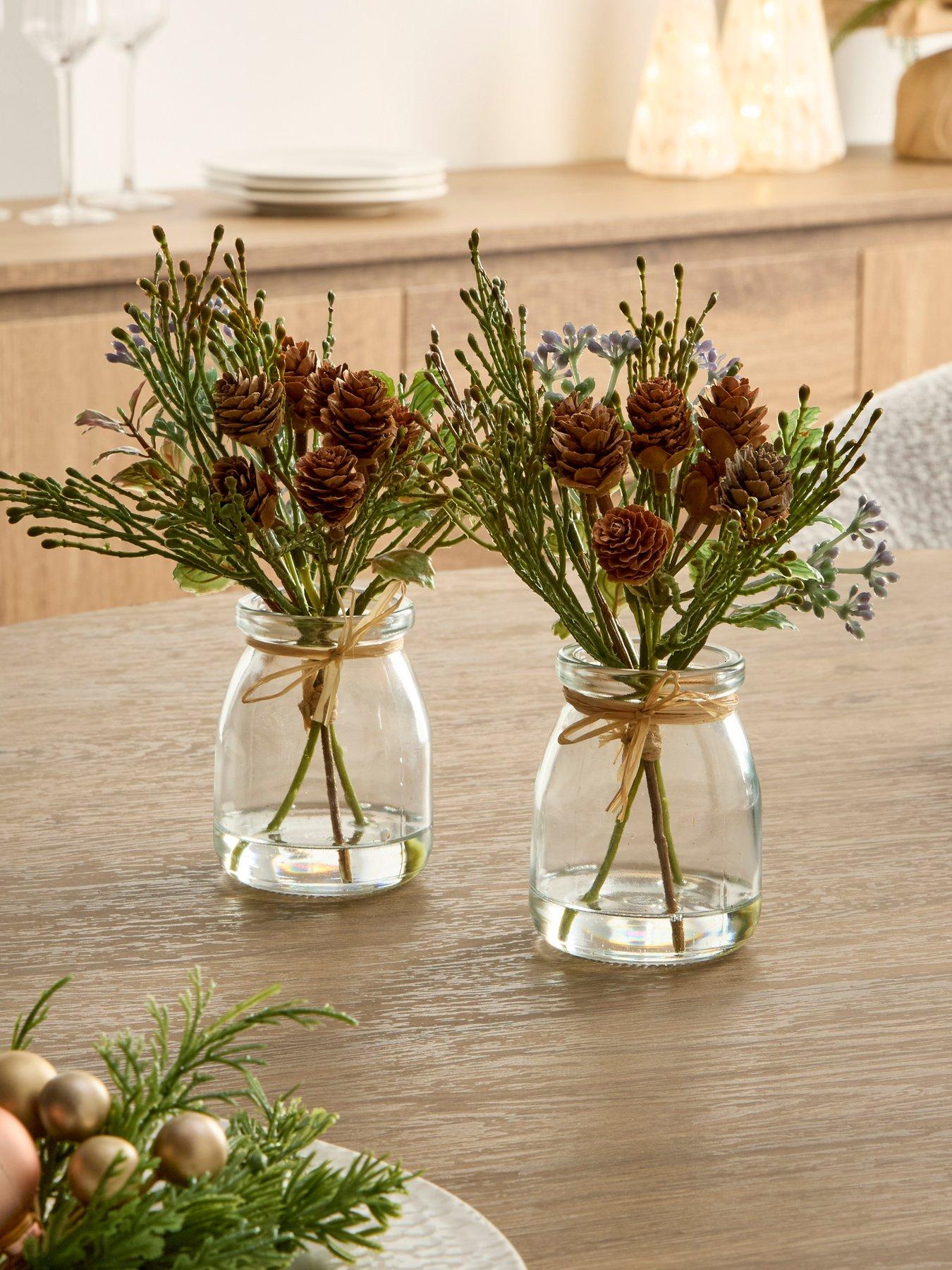 festive-set-of-2-x-18nbspcm-mixed-green-christmas-foliage-cones-in-glassfront