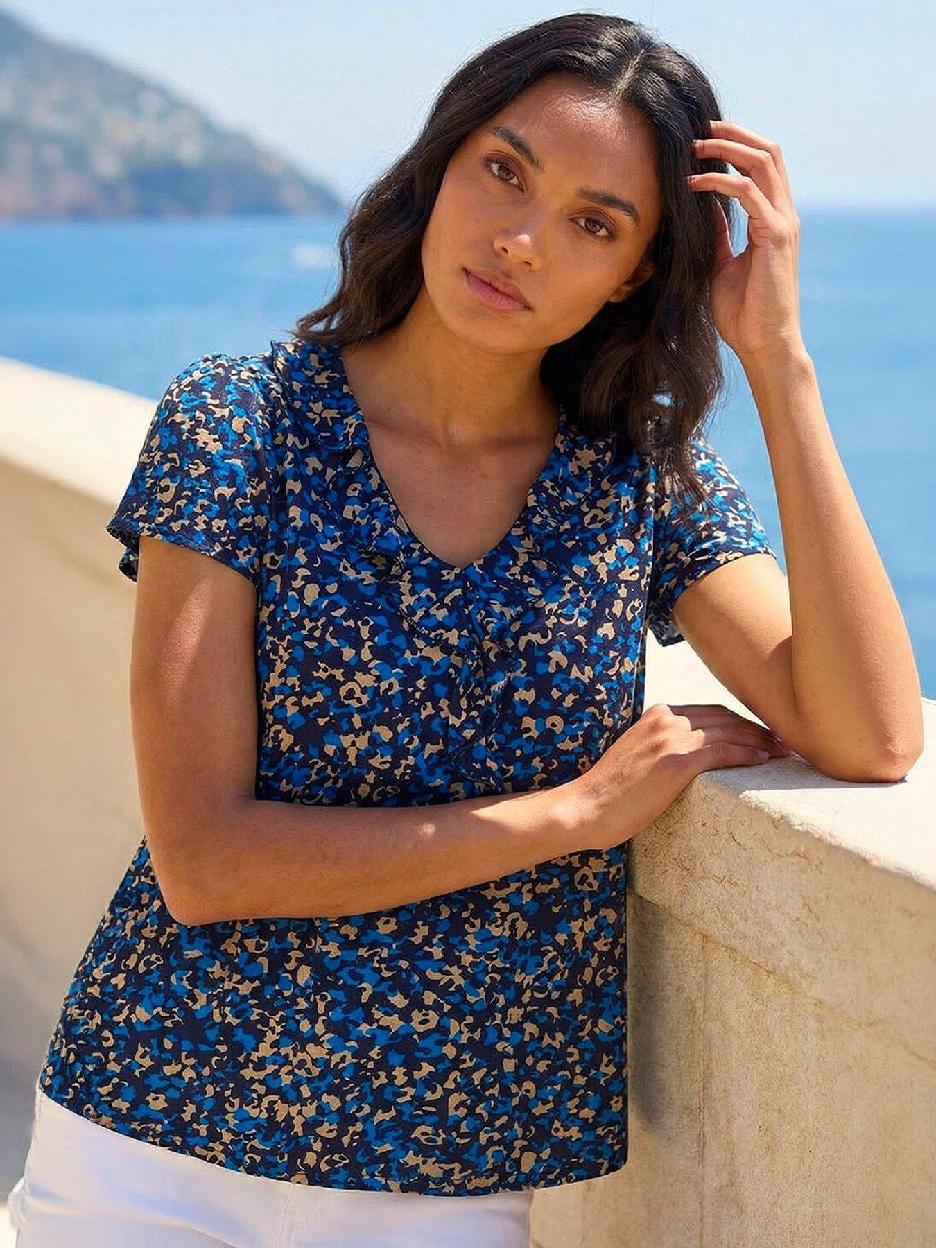 Roman Printed Ruffle V-neck Stretch Top - Navy