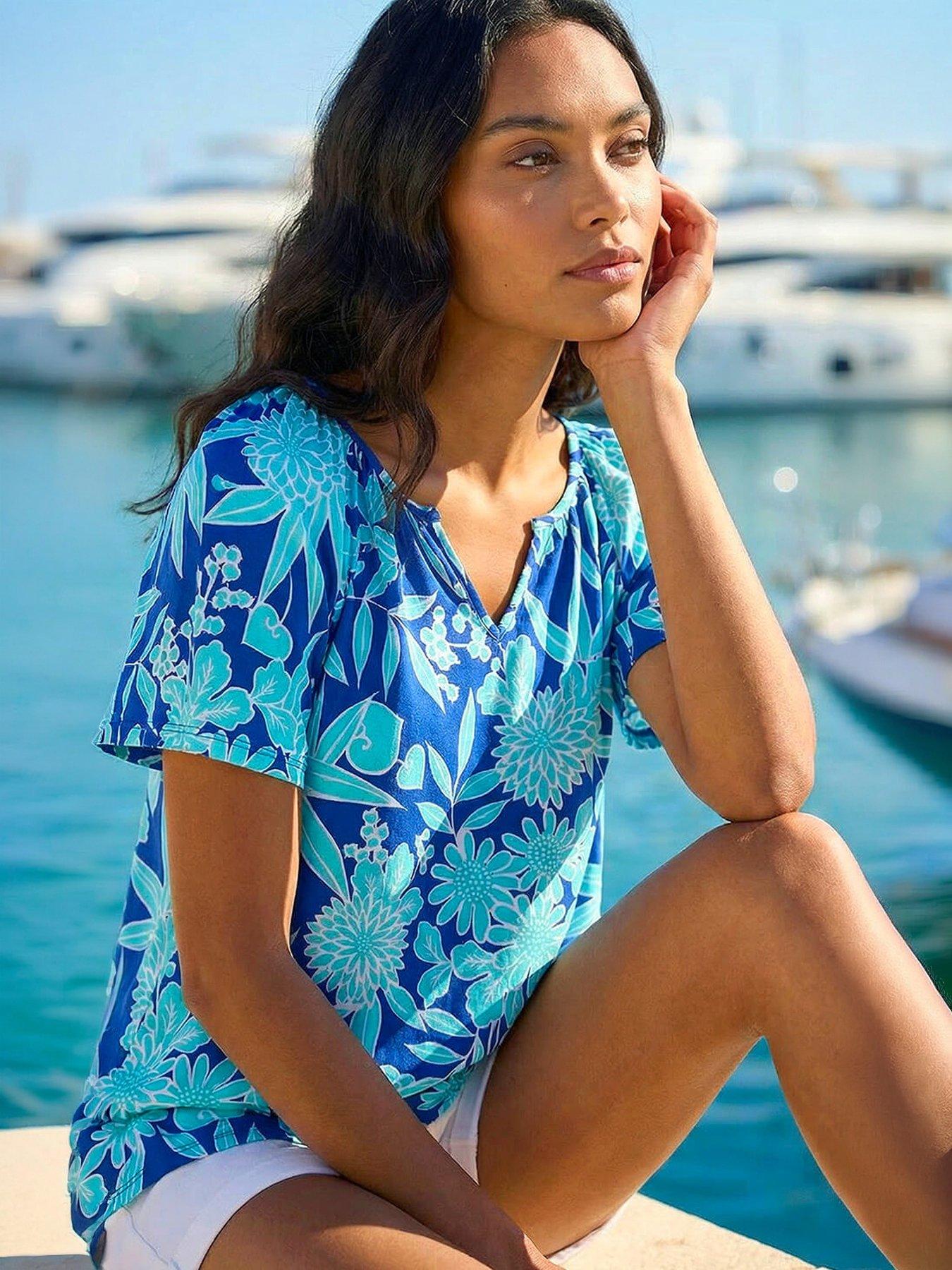 Image 1 of 5 of Roman Textured Print Notch Neck Top - Blue