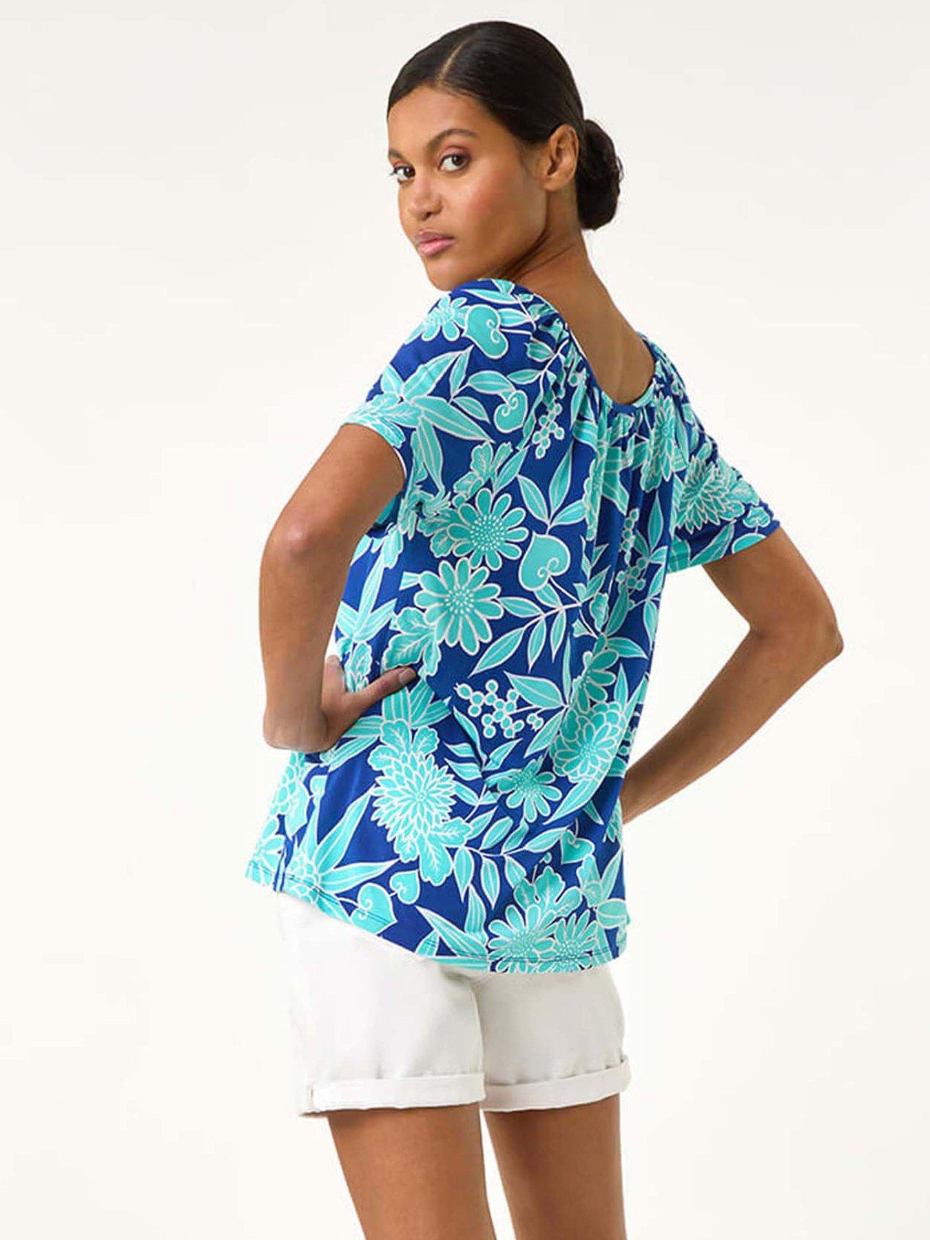Image 2 of 5 of Roman Textured Print Notch Neck Top - Blue