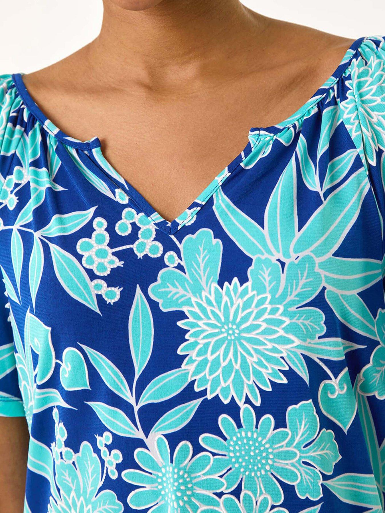 Image 5 of 5 of Roman Textured Print Notch Neck Top - Blue