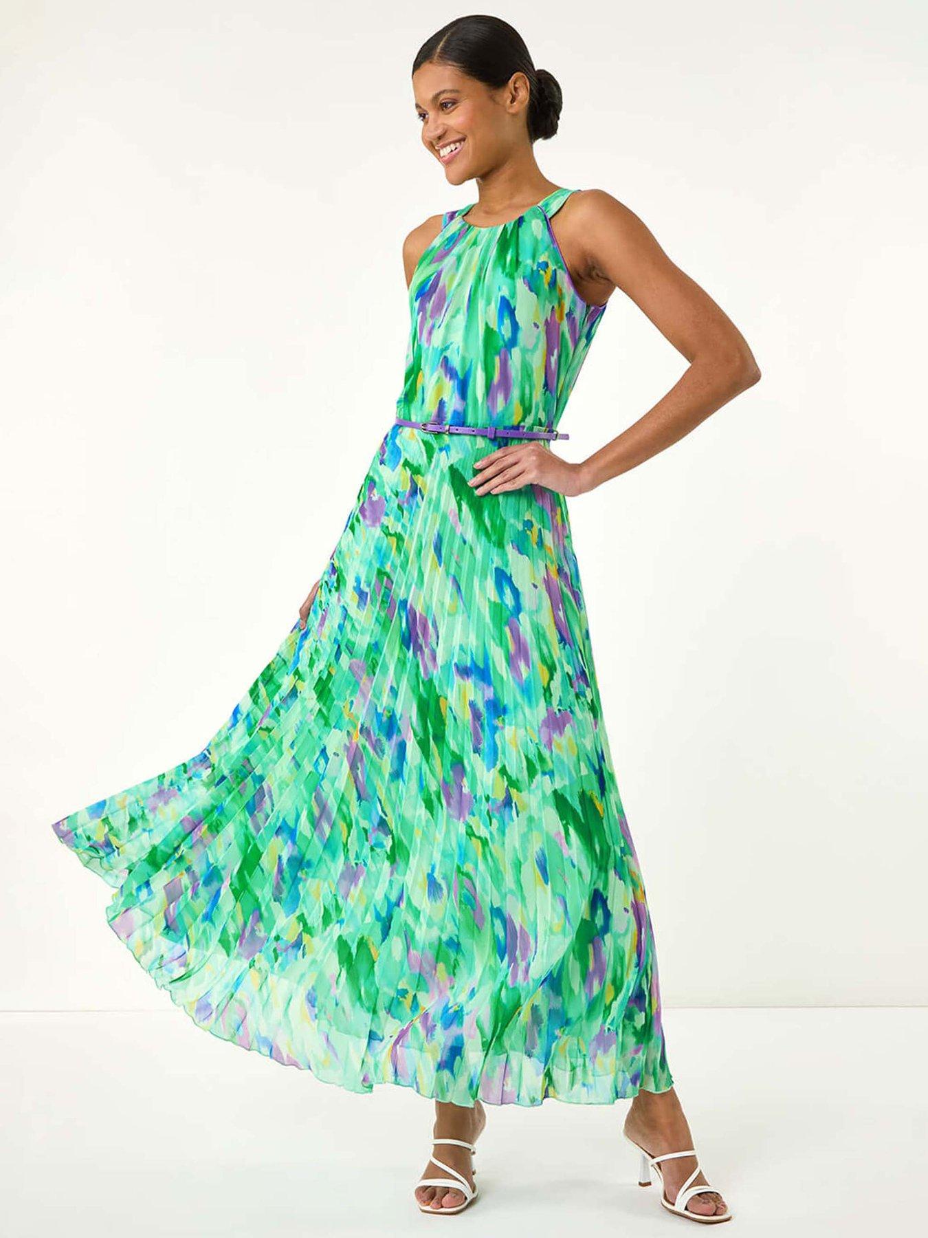 Roman Blurred Print Pleated Maxi Dress - Green