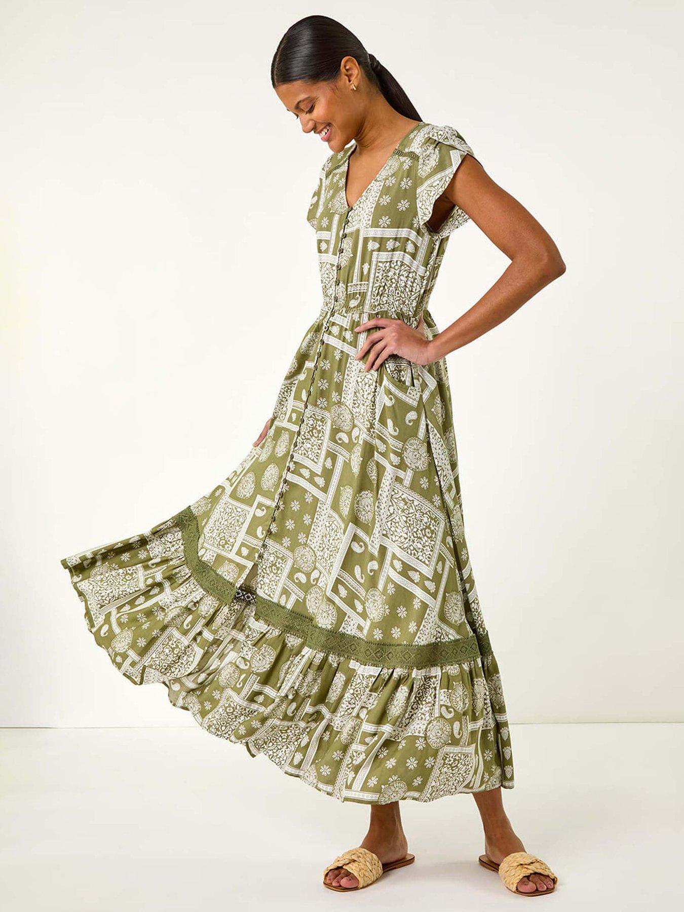 Roman Patchwork Lace Trim Maxi Dress - Green