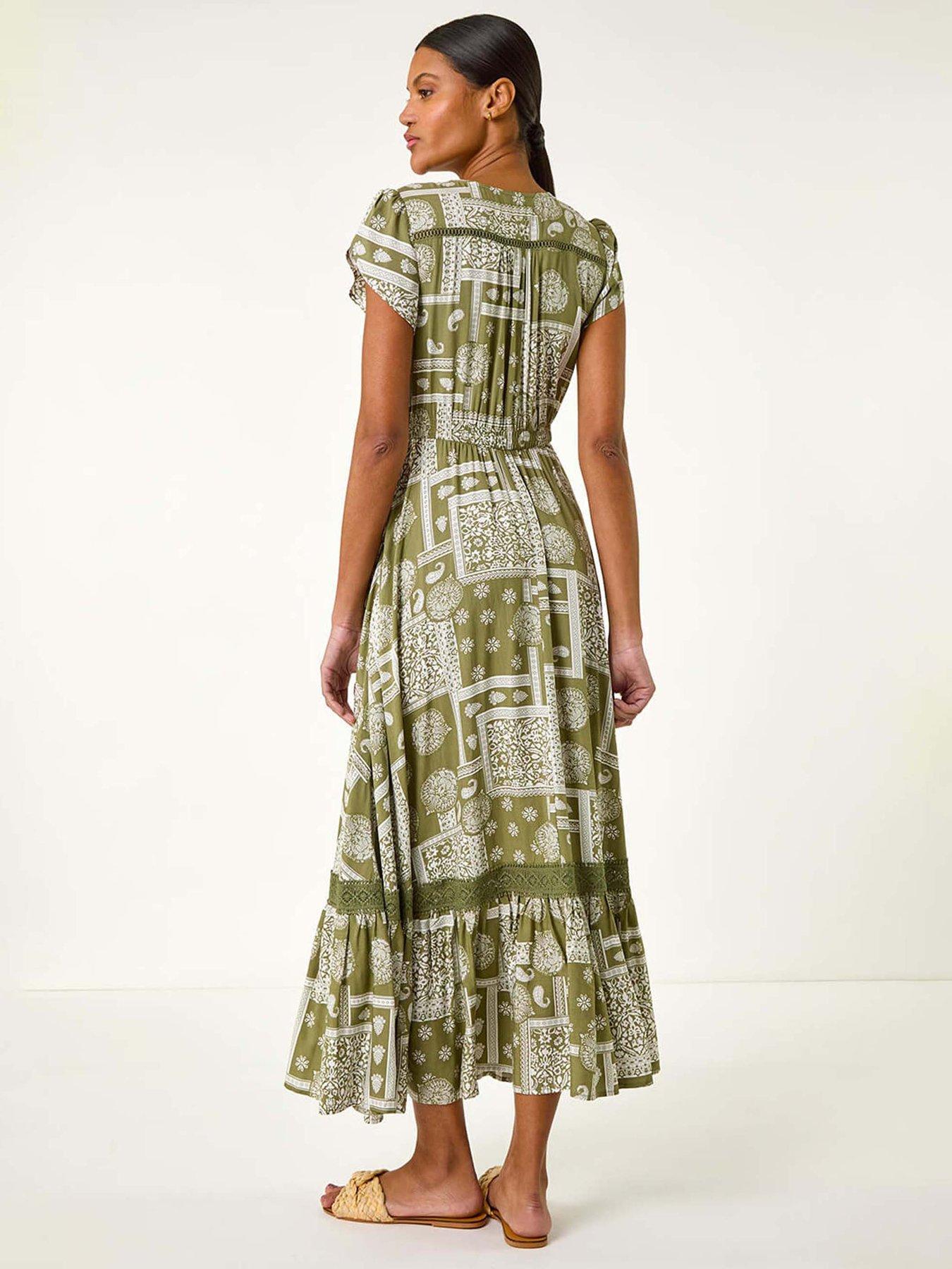 Image 2 of 5 of Roman Patchwork Lace Trim Maxi Dress - Green