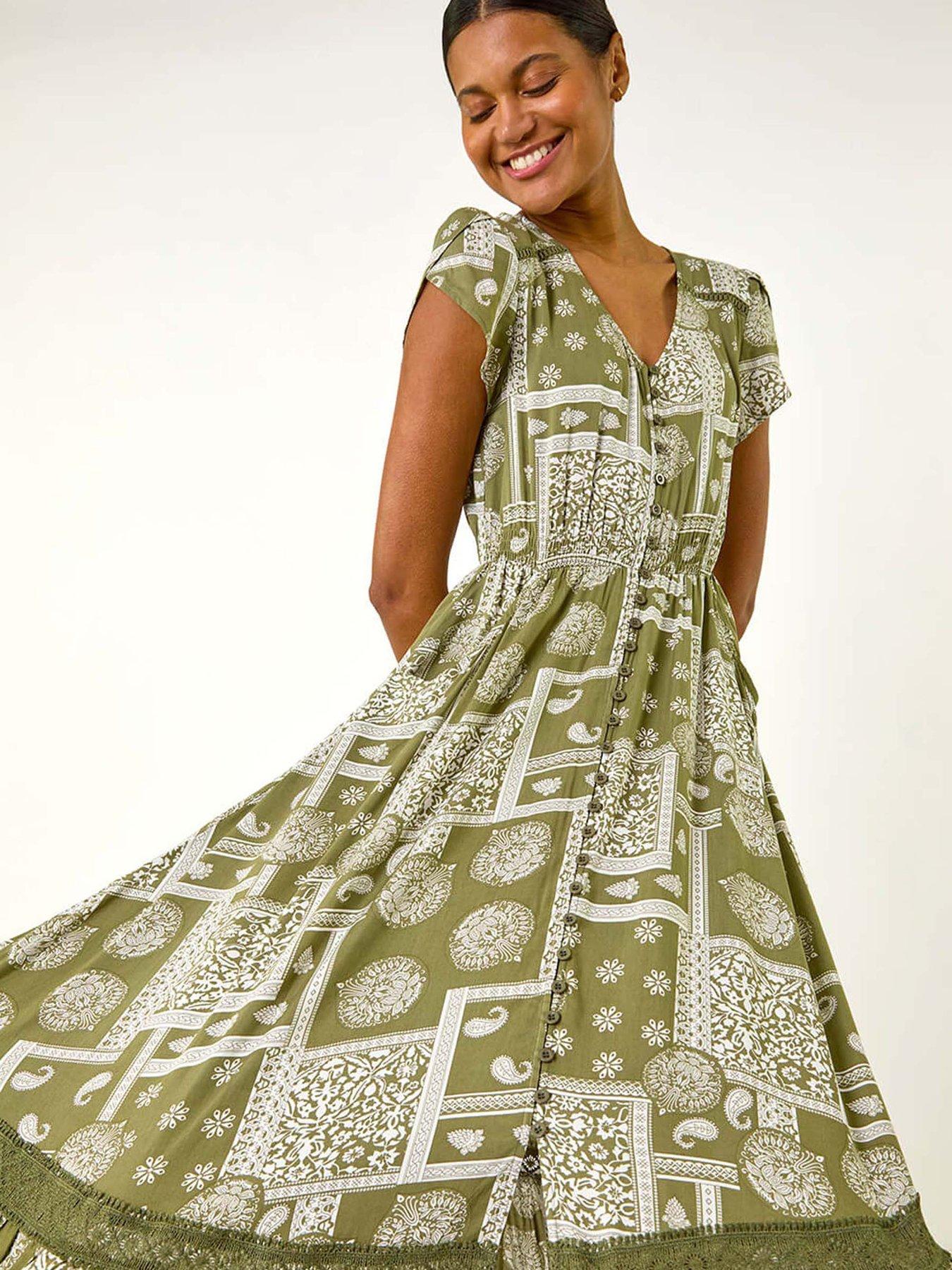 Image 3 of 5 of Roman Patchwork Lace Trim Maxi Dress - Green