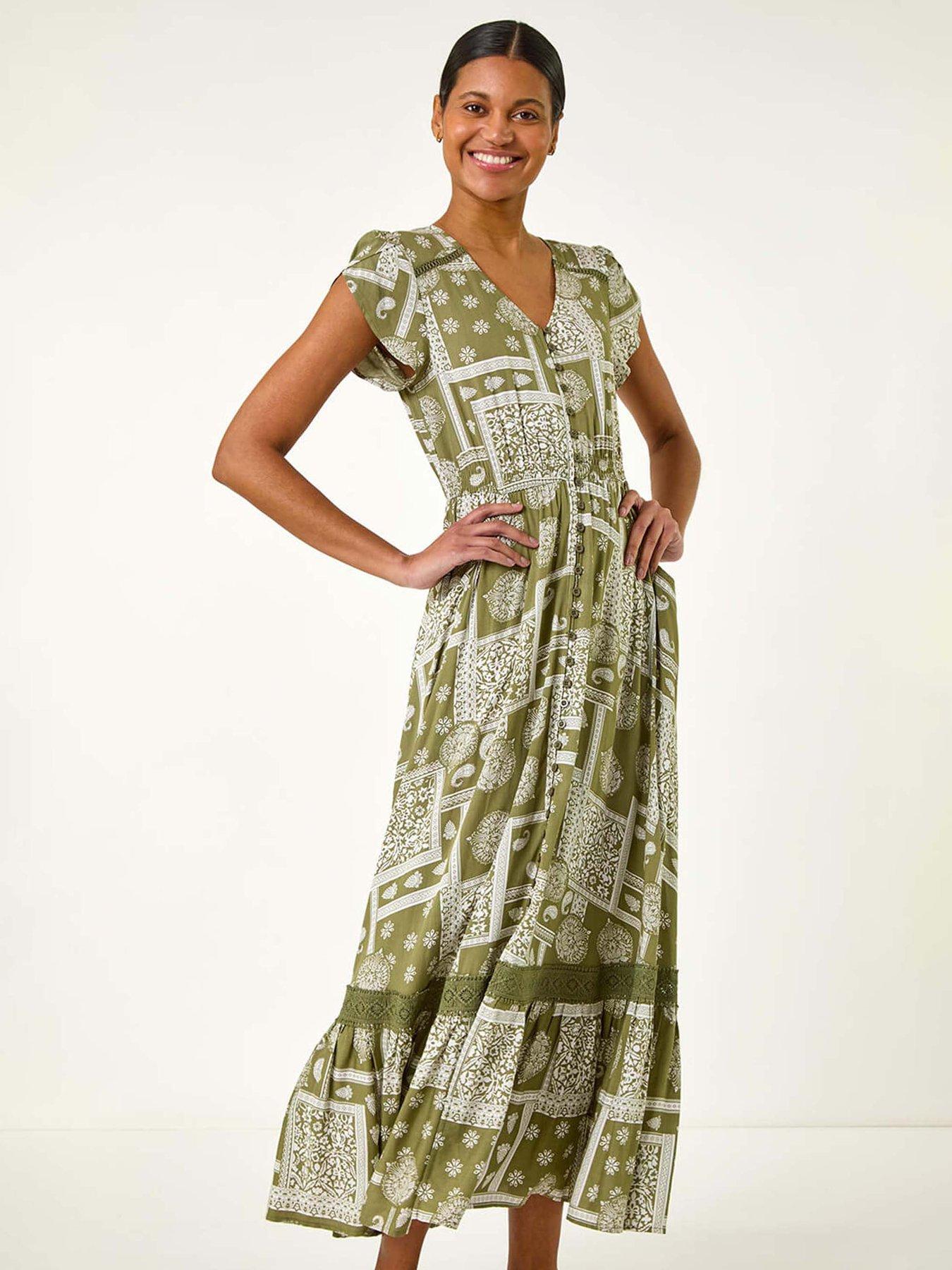Image 4 of 5 of Roman Patchwork Lace Trim Maxi Dress - Green