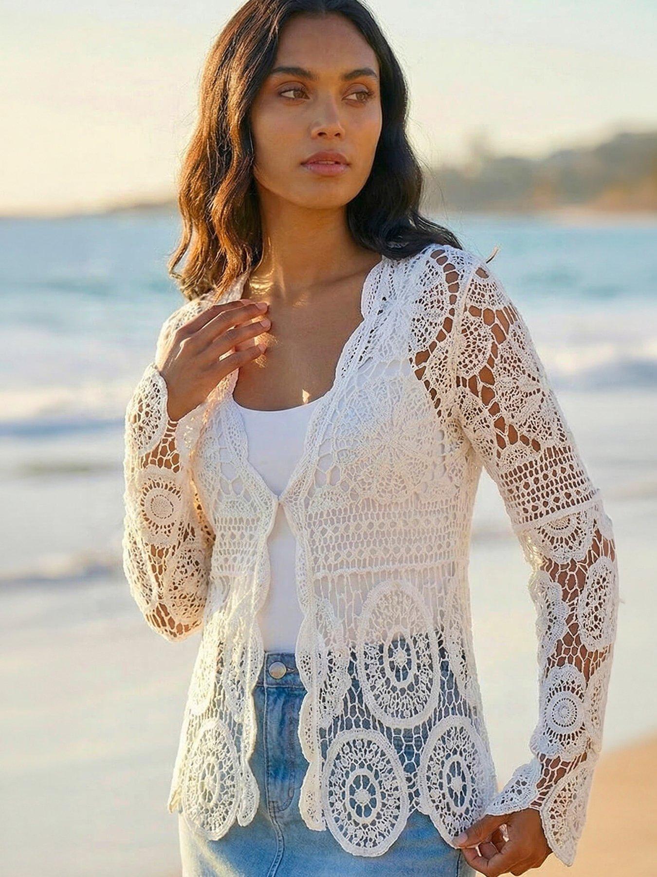 Roman Crochet Tie Front Knit Cardigan - White