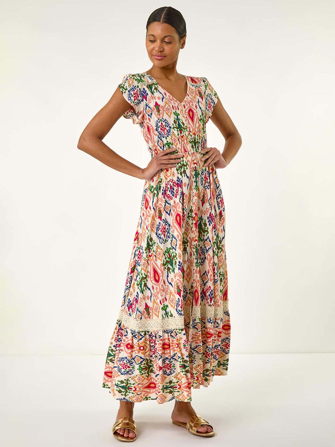 Roman Abstract Button Through Maxi Dress - Orange