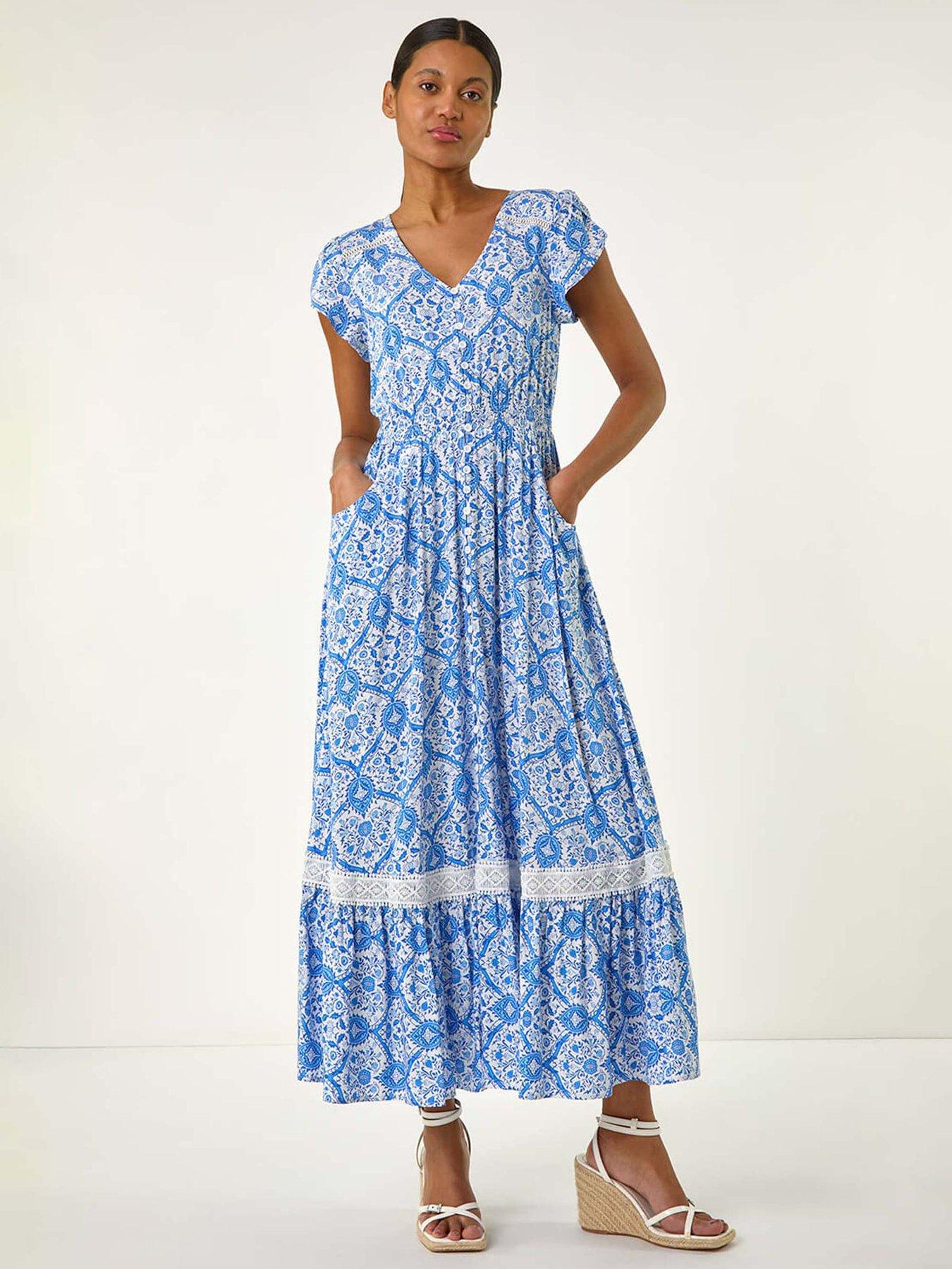 Roman Tile Print Shirred Waist Maxi Dress - Blue