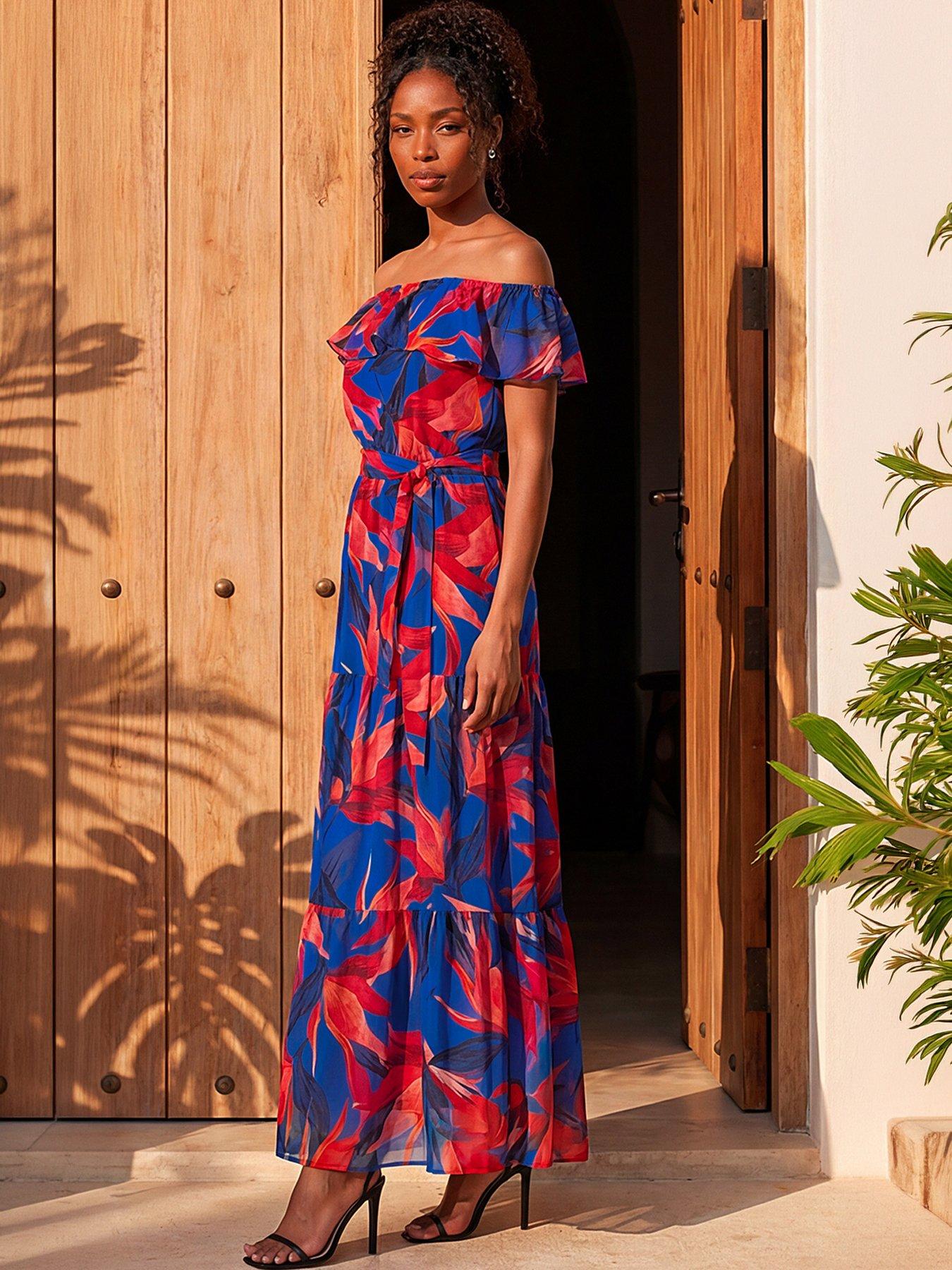 Roman Floral Print Bardot Belted Maxi Dress - Navy