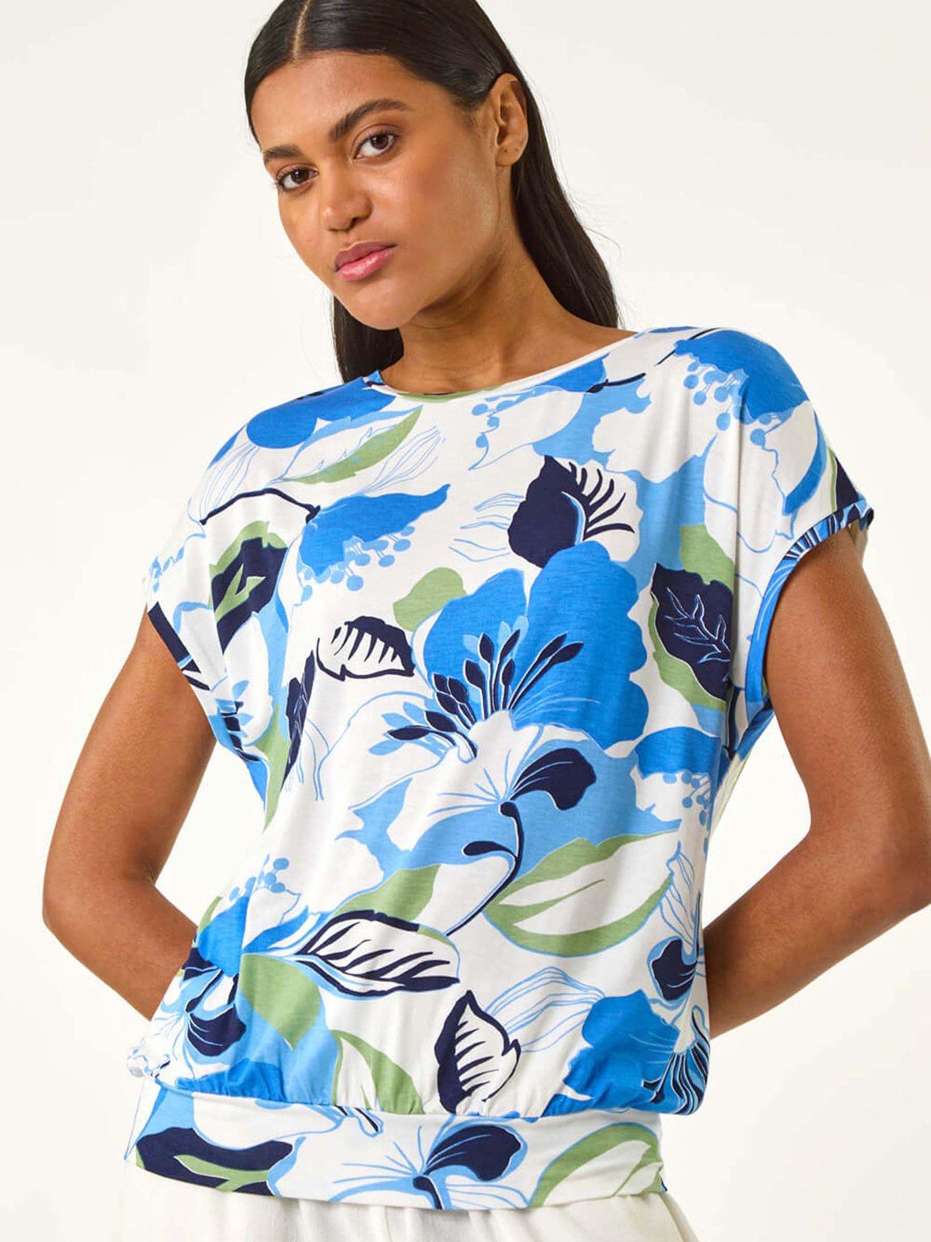 Image 4 of 5 of Roman Floral Print Bubble Hem Top - Blue
