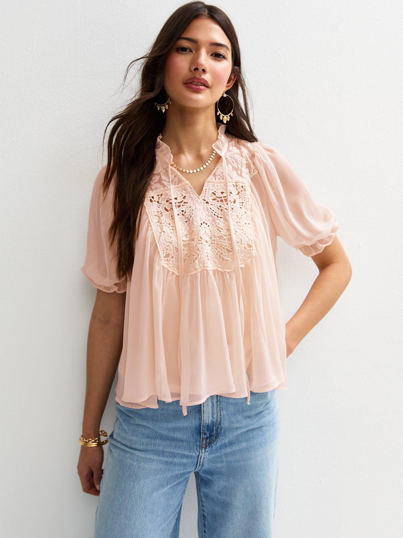 Image of New Look Chiffon Lace Panel Short Sleeve Blouse - Cream