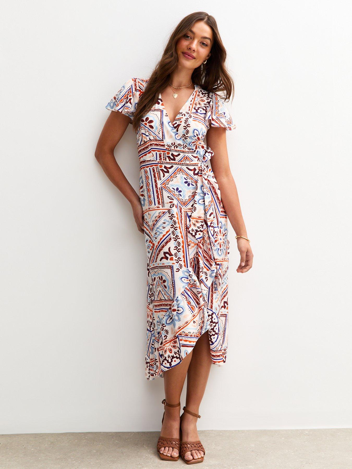 Image 1 of 4 of New Look White Tile Print Wrap Midi Dress