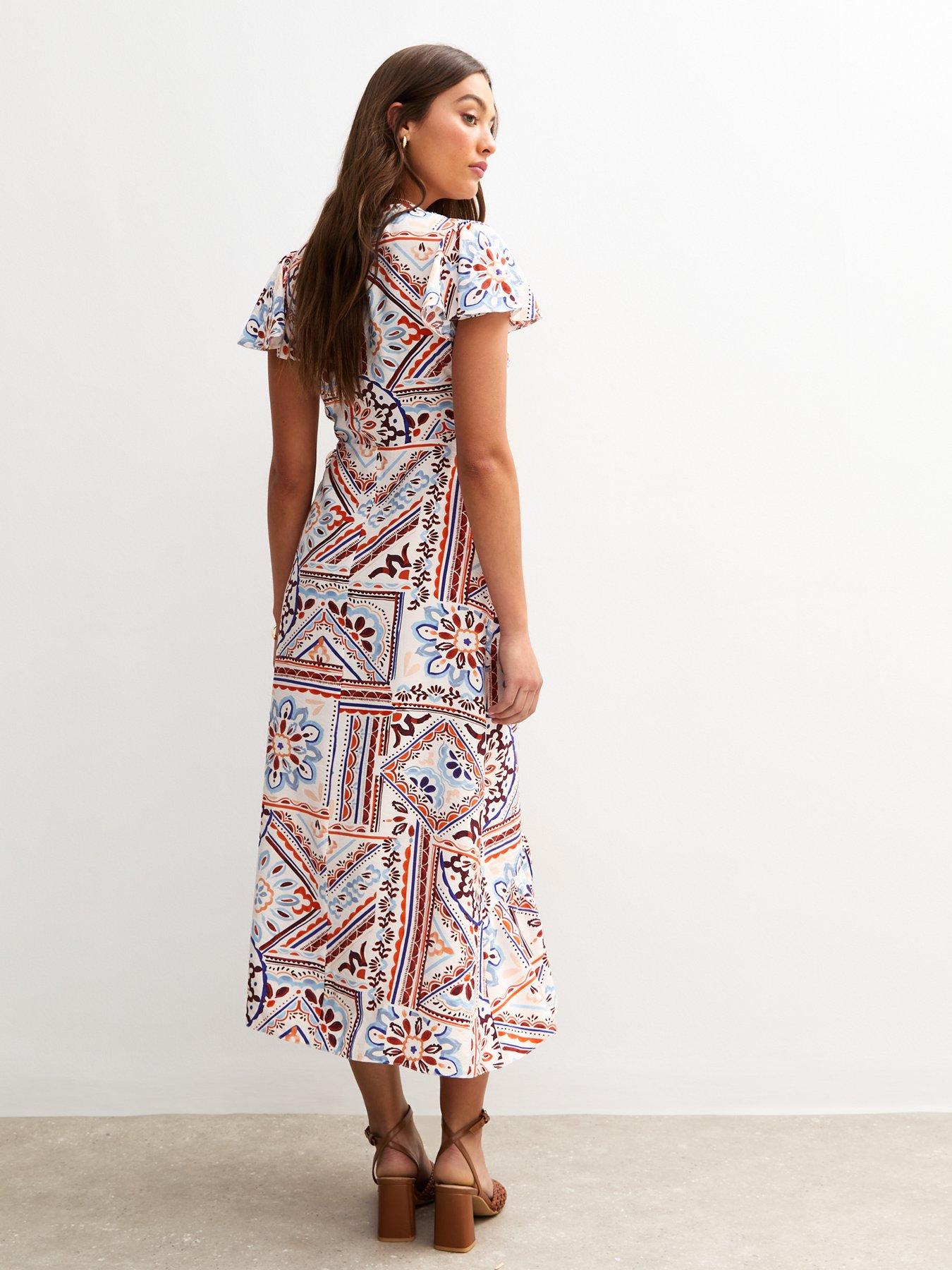 Image 2 of 4 of New Look White Tile Print Wrap Midi Dress