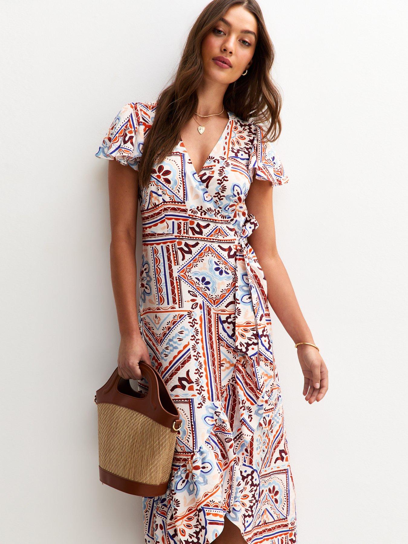 Image 3 of 4 of New Look White Tile Print Wrap Midi Dress