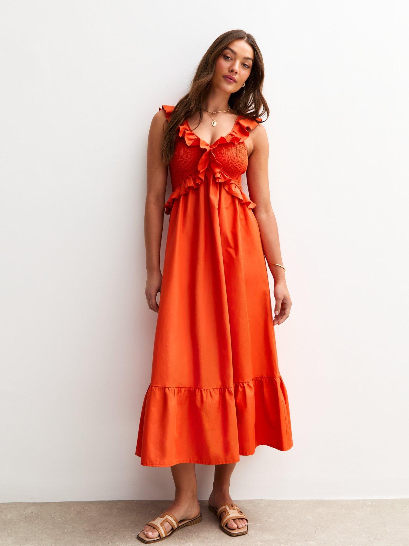 new-look-orange-ruffle-trim-tiered-hem-midi-dress